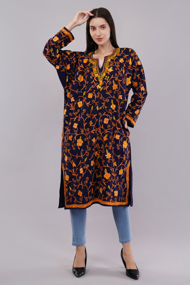 Dark Indigo Blue Kashmiri Pheran with Full Jamwar Aari Embroidery