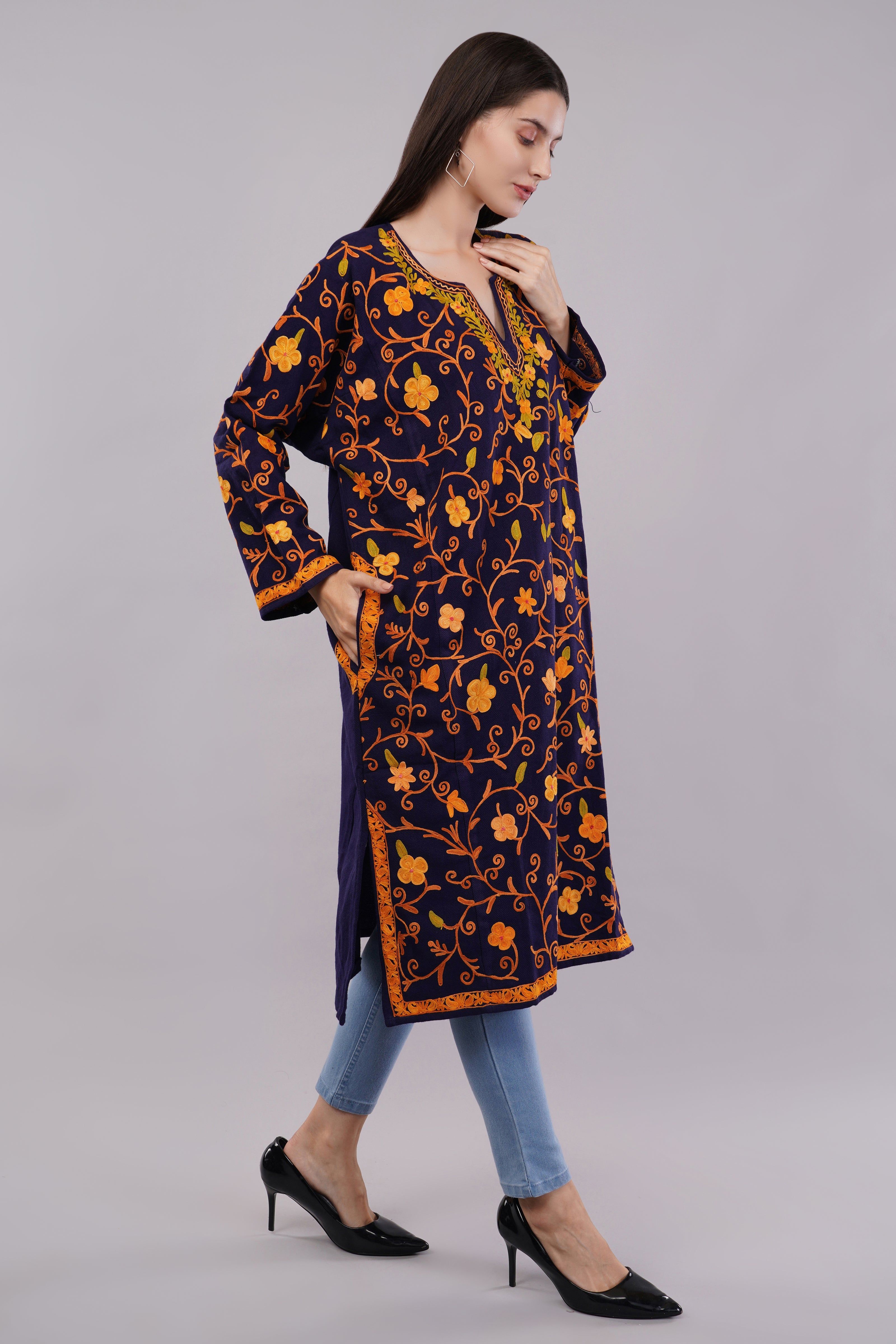 Dark Indigo Blue Kashmiri Pheran with Full Jamwar Aari Embroidery