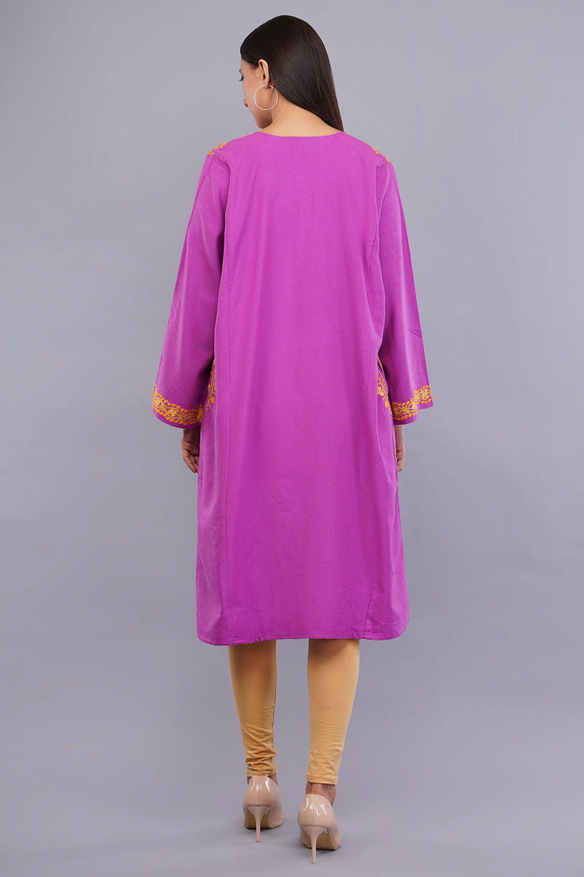 Pink Kashmiri Pheran with Yellow Floral Aari Embroidery