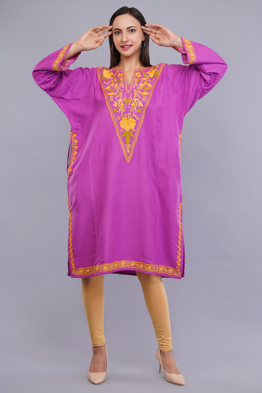 Pink Kashmiri Pheran with Yellow Floral Aari Embroidery