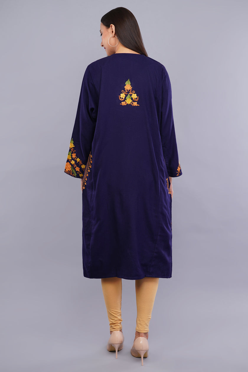 Blue Fine Cashmilon Pheran with Orange and Yellow Floral Aari Embroidery