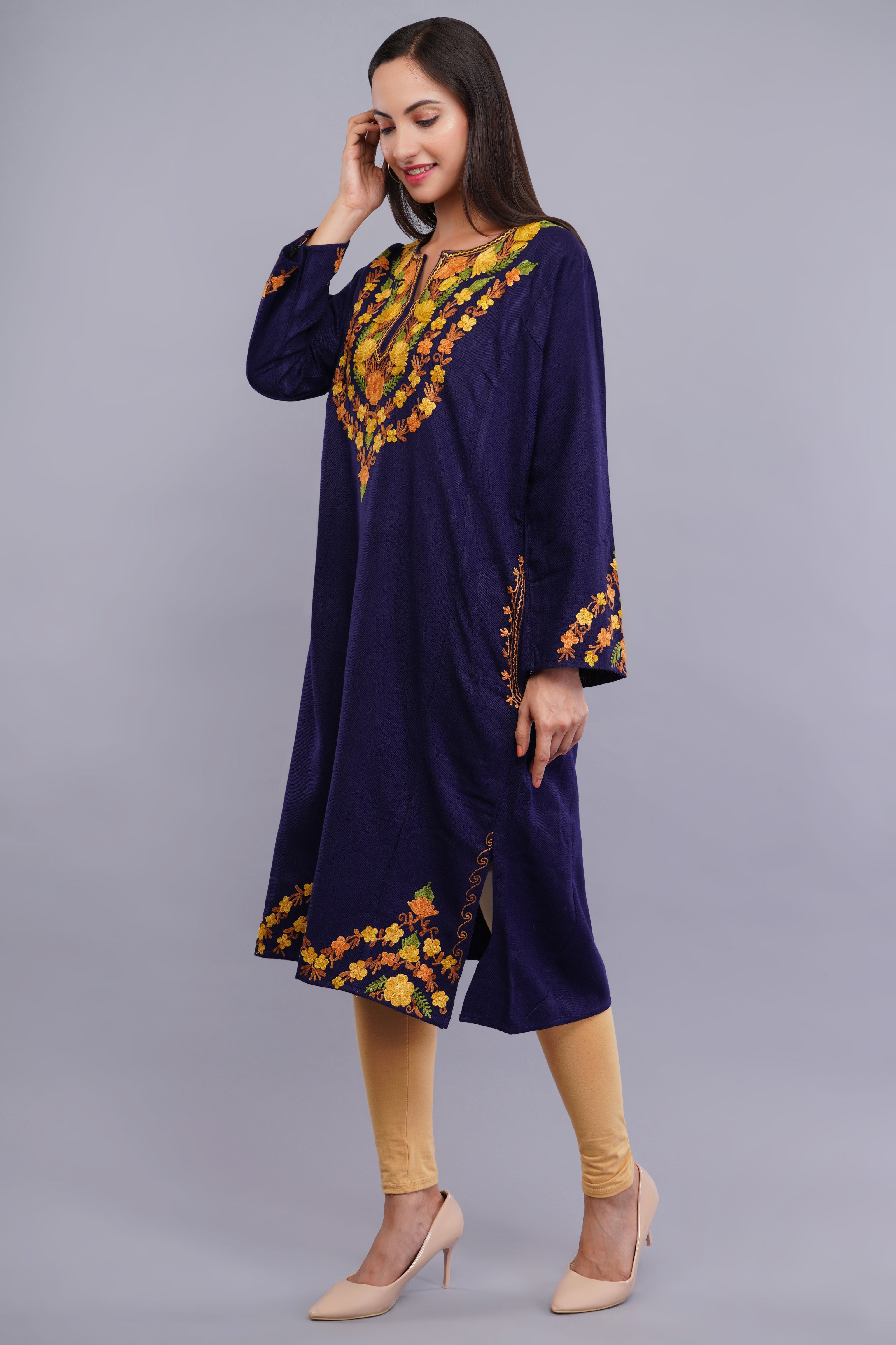 Blue Fine Cashmilon Pheran with Orange and Yellow Floral Aari Embroidery
