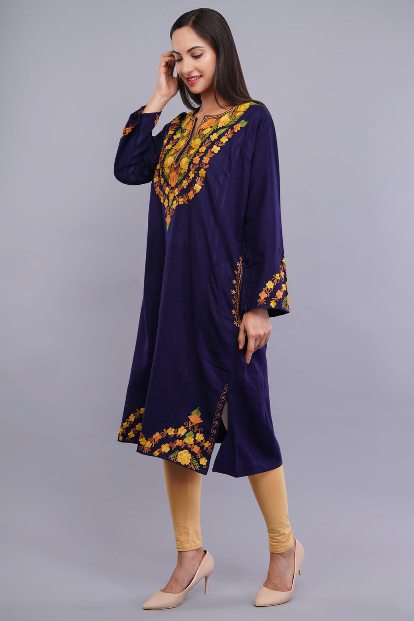 Blue Fine Cashmilon Pheran with Orange and Yellow Floral Aari Embroidery