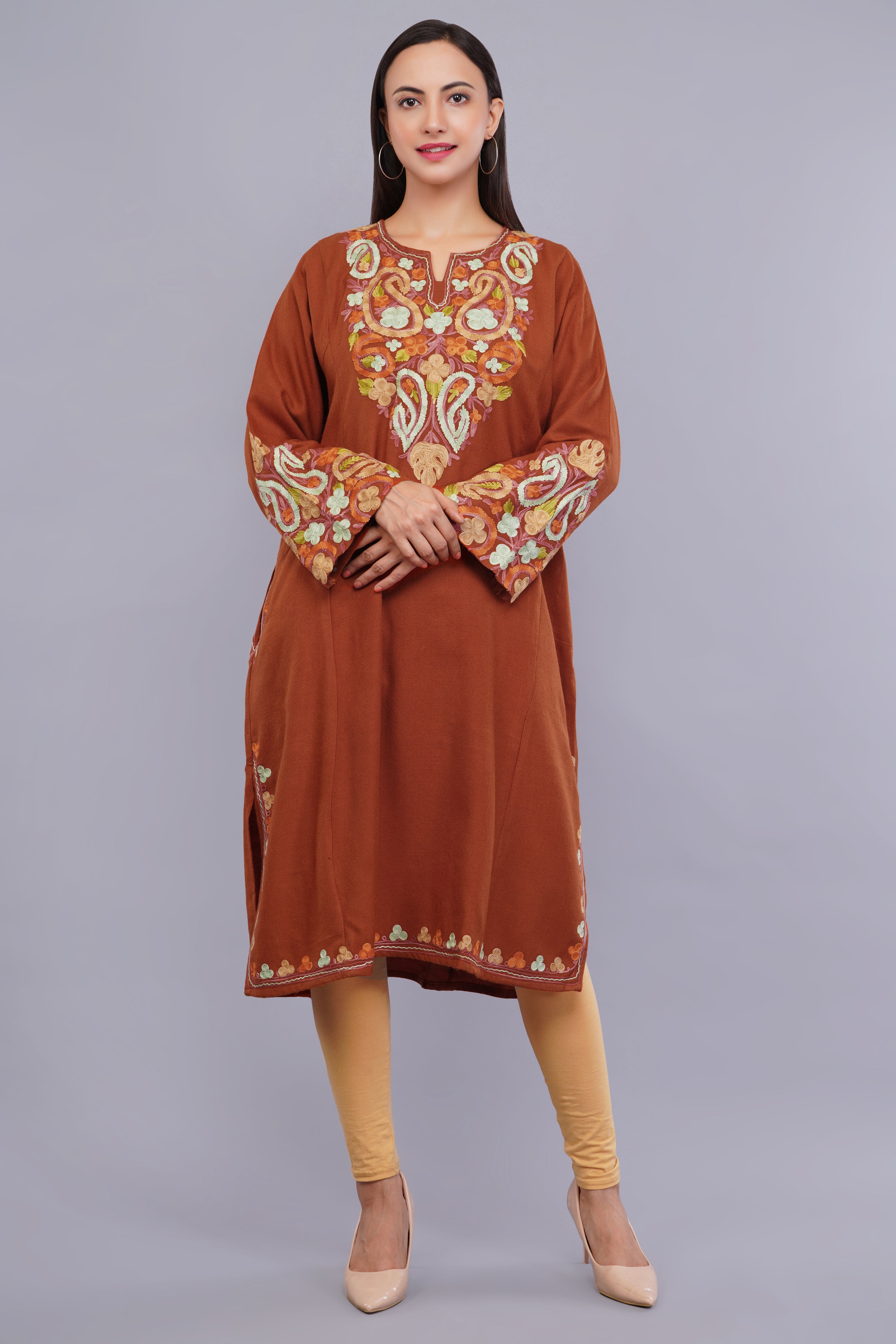Elegant Rust Kashmiri Pheran with Exquisite Aari Embroidery and Paisley Details