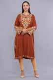 Elegant Rust Kashmiri Pheran with Exquisite Aari Embroidery and Paisley Details
