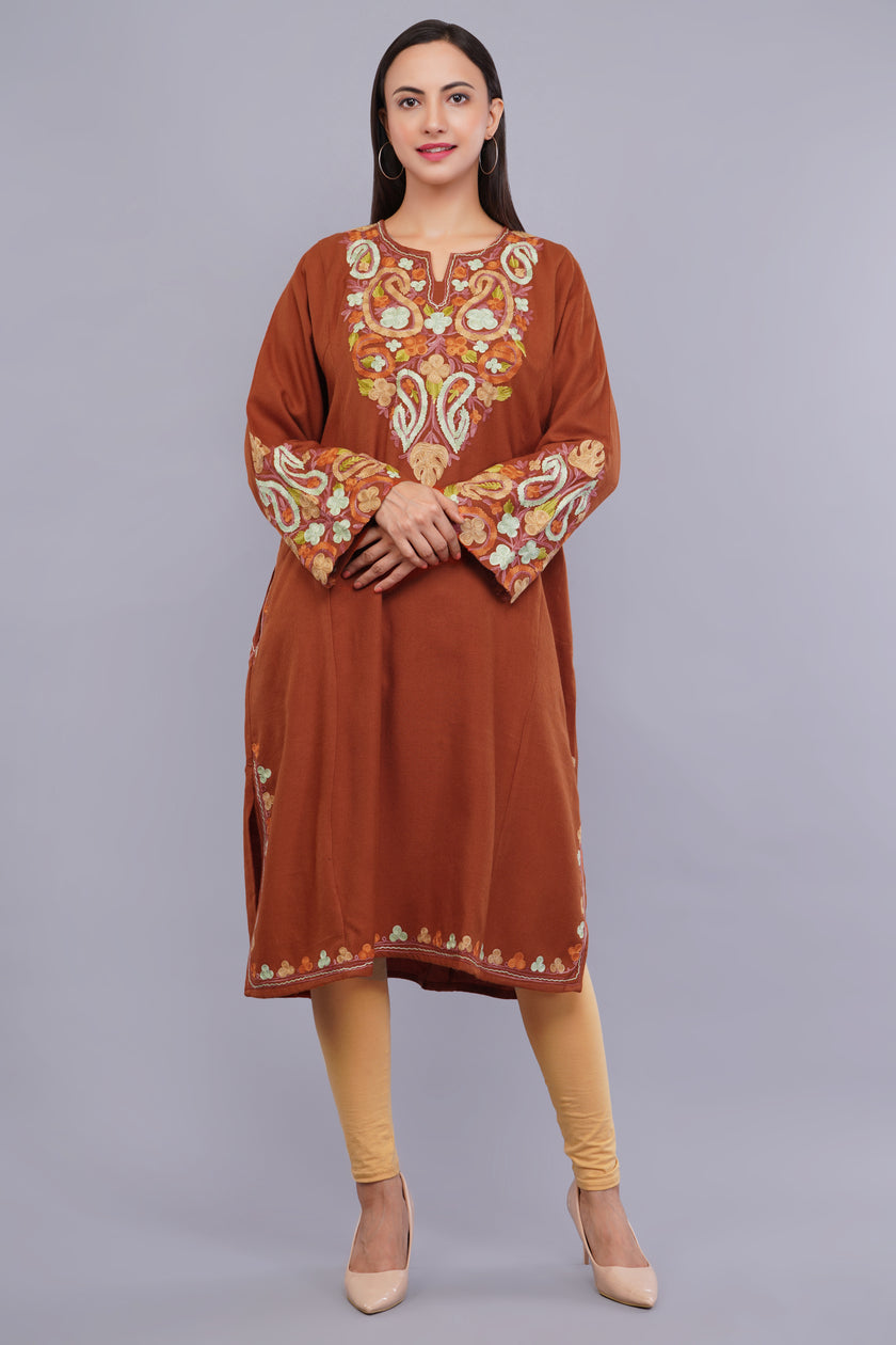 Buy Rust Kashmiri Pheran with Aari Embroidery online