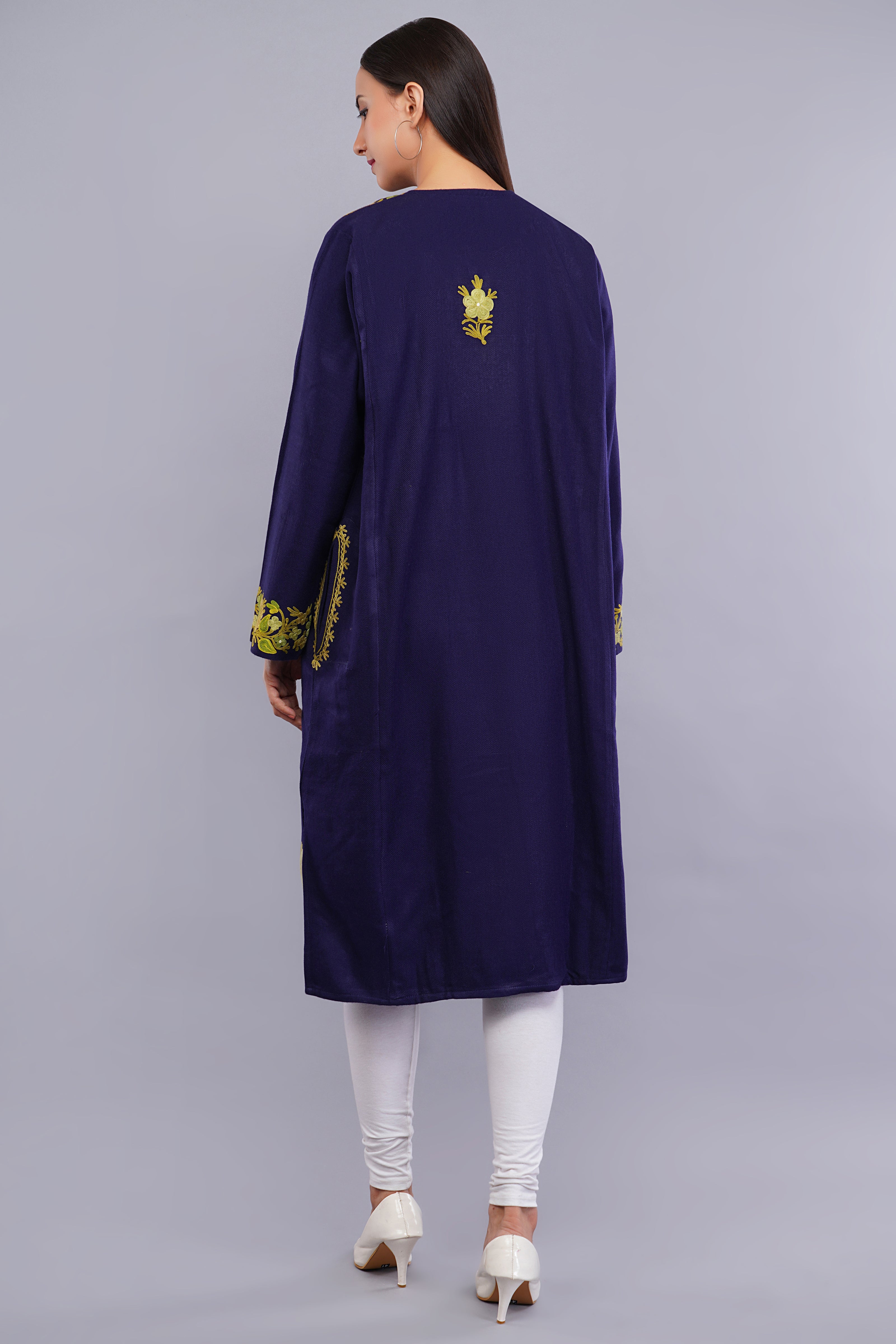 Navy Blue Fine Cashmilon Pheran with Green and Gold Aari Embroidery