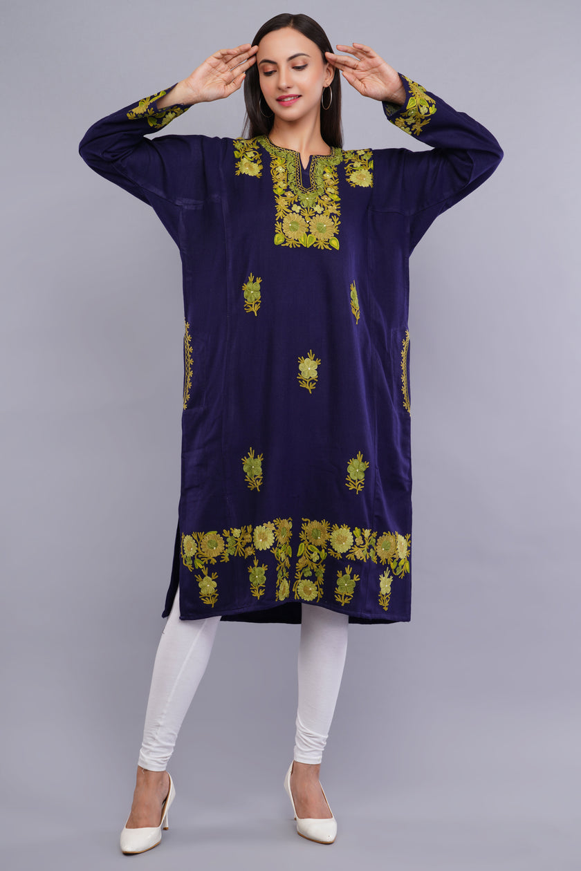 Navy Blue Fine Cashmilon Pheran with Green and Gold Aari Embroidery