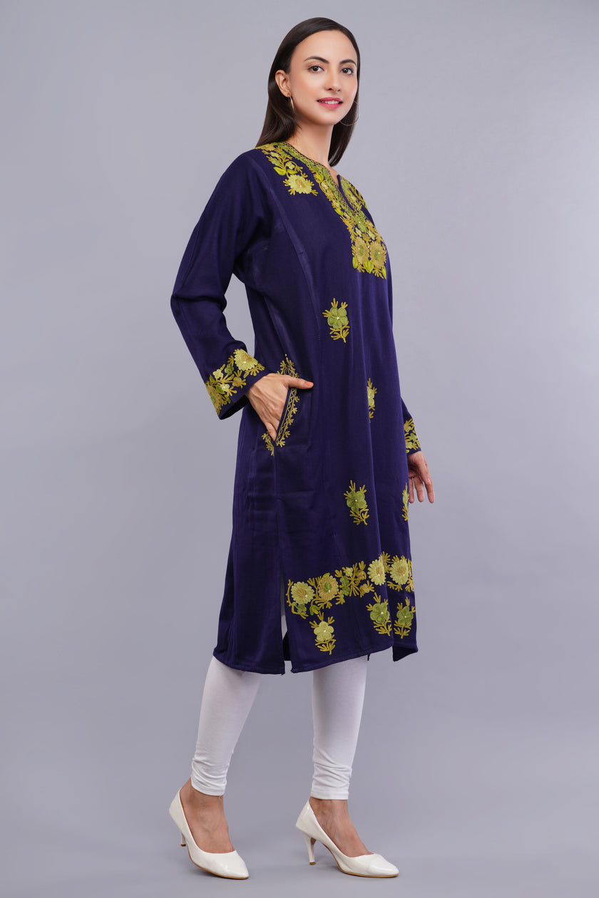 Navy Blue Fine Cashmilon Pheran with Green and Gold Aari Embroidery