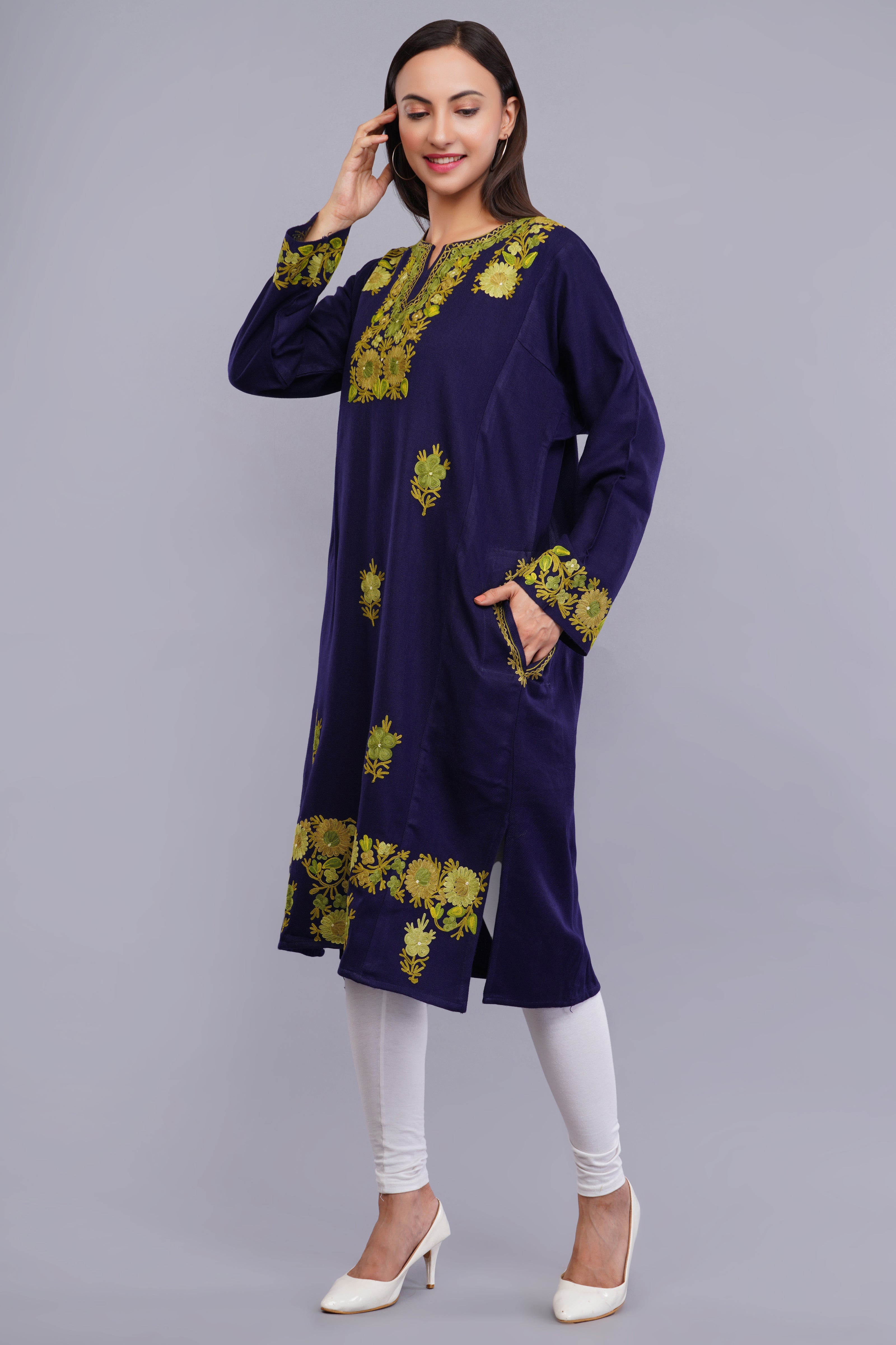 Navy Blue Fine Cashmilon Pheran with Green and Gold Aari Embroidery