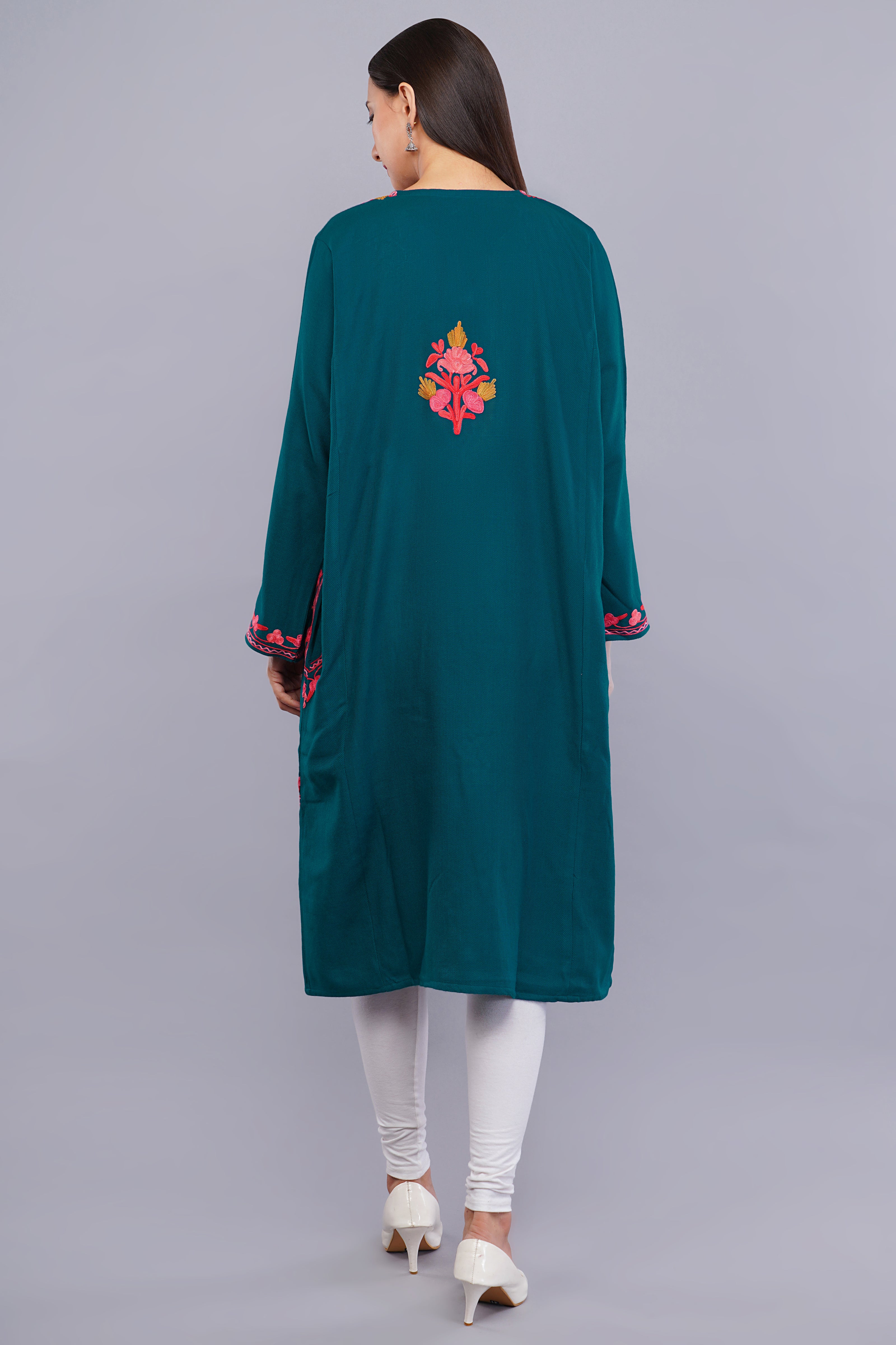 Sherpa Blue Kashmiri Pheran with  Poshkaar Design Aari Embroidery