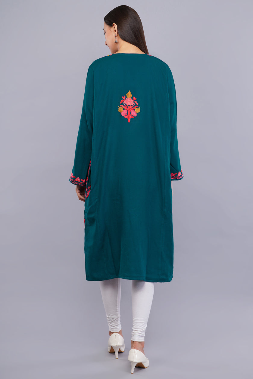 Sherpa Blue Kashmiri Pheran with  Poshkaar Design Aari Embroidery