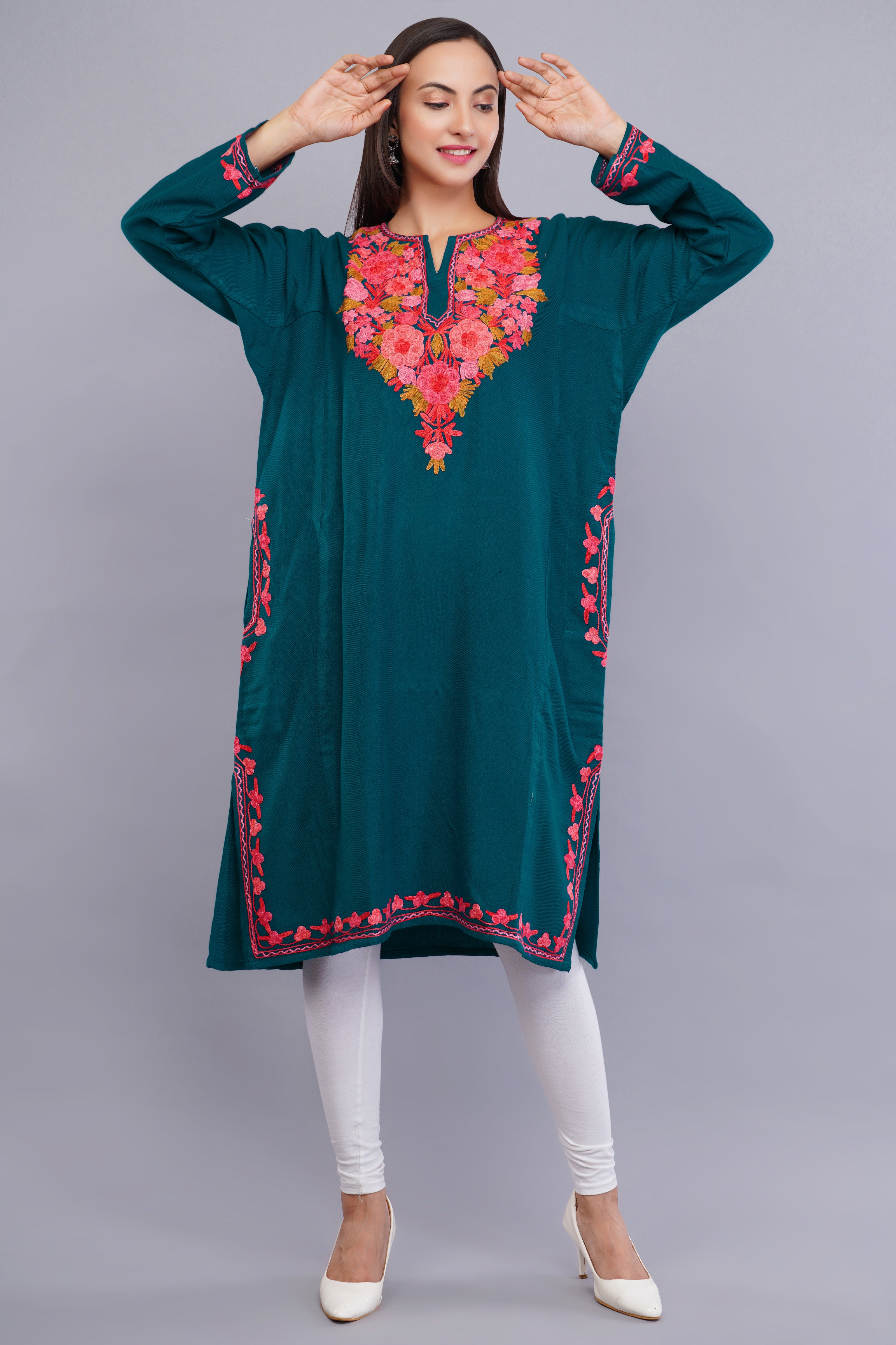 Sherpa Blue Kashmiri Pheran with  Poshkaar Design Aari Embroidery