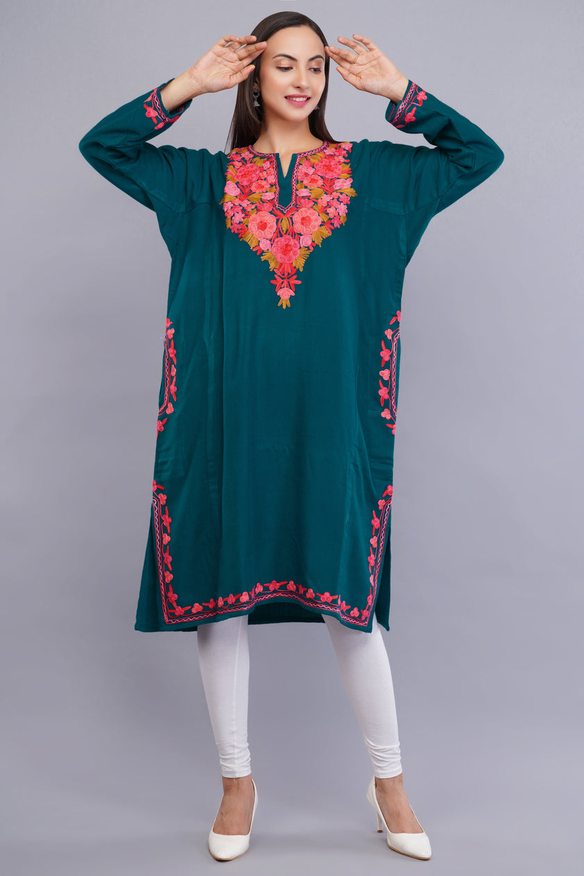 Sherpa Blue Kashmiri Pheran with  Poshkaar Design Aari Embroidery