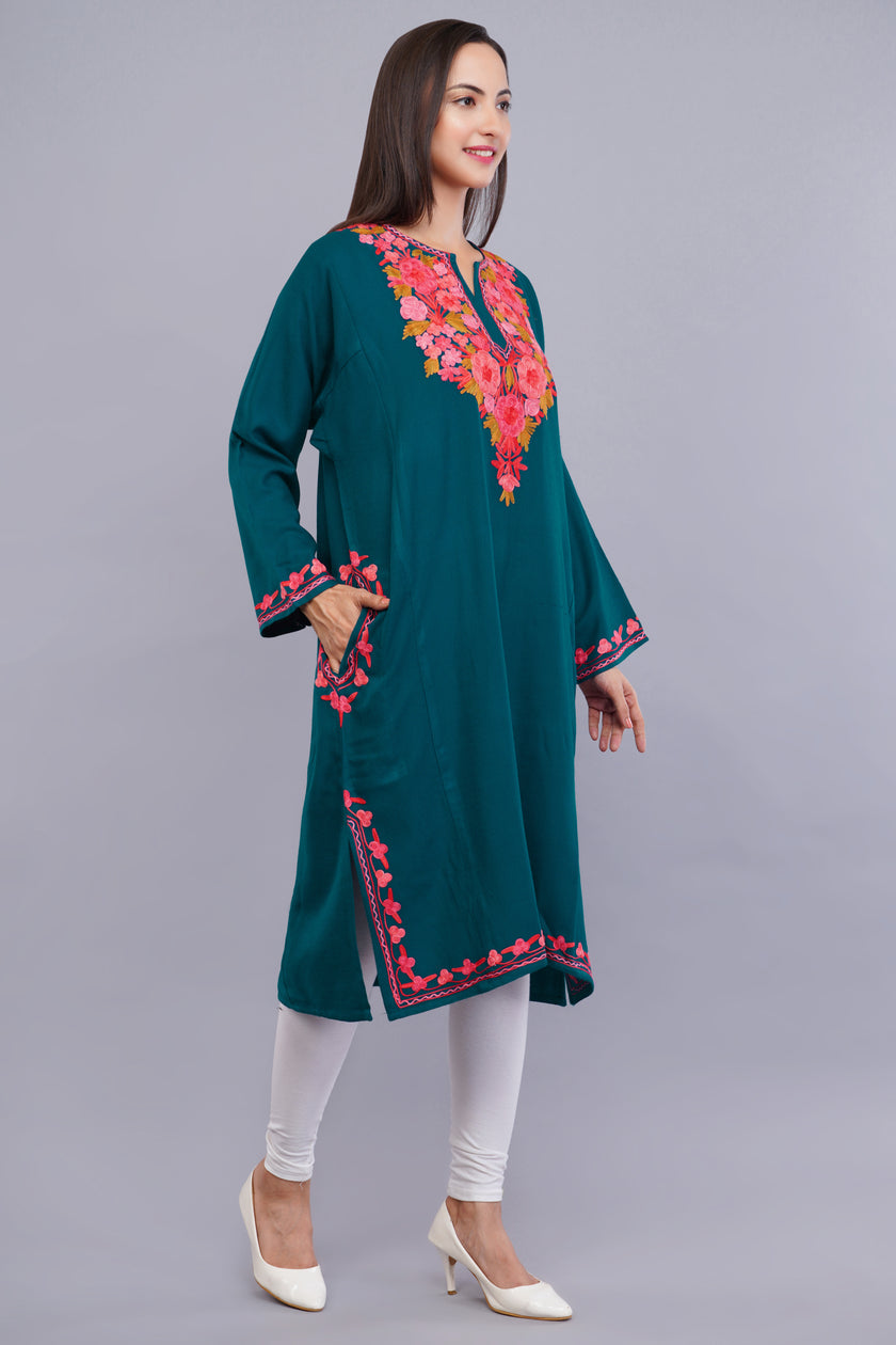 Sherpa Blue Kashmiri Pheran with  Poshkaar Design Aari Embroidery