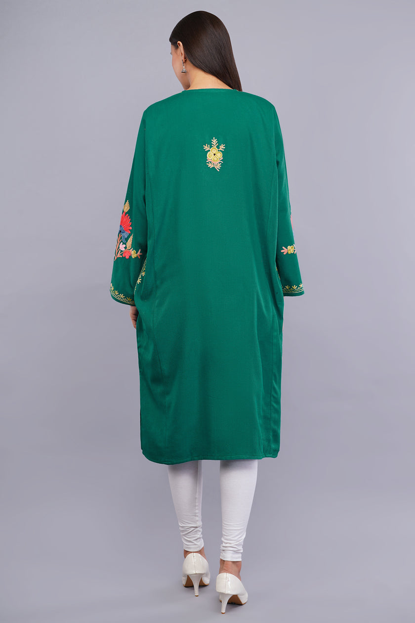 Teal Green Pheran with Classic Aari Embroidery and Elegant Sleeve Detailing