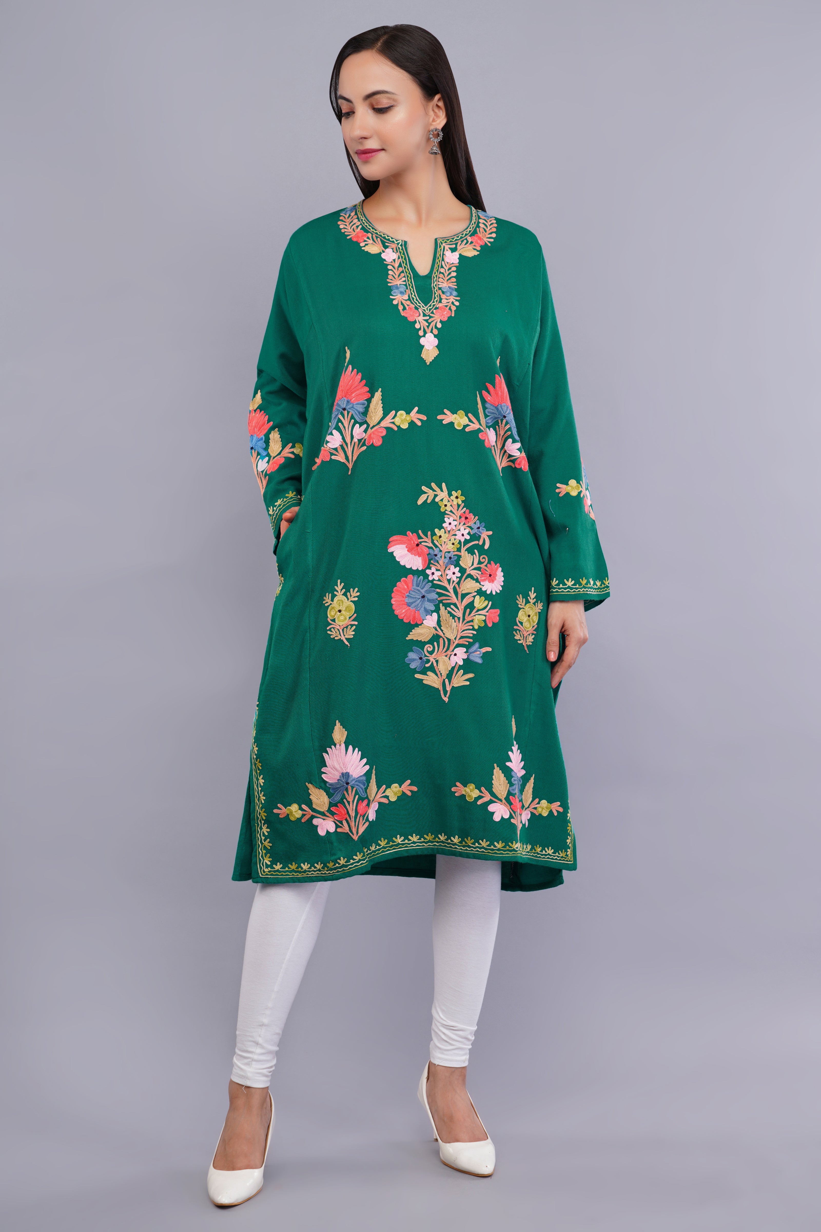 Teal Green Pheran with Classic Aari Embroidery and Elegant Sleeve Detailing