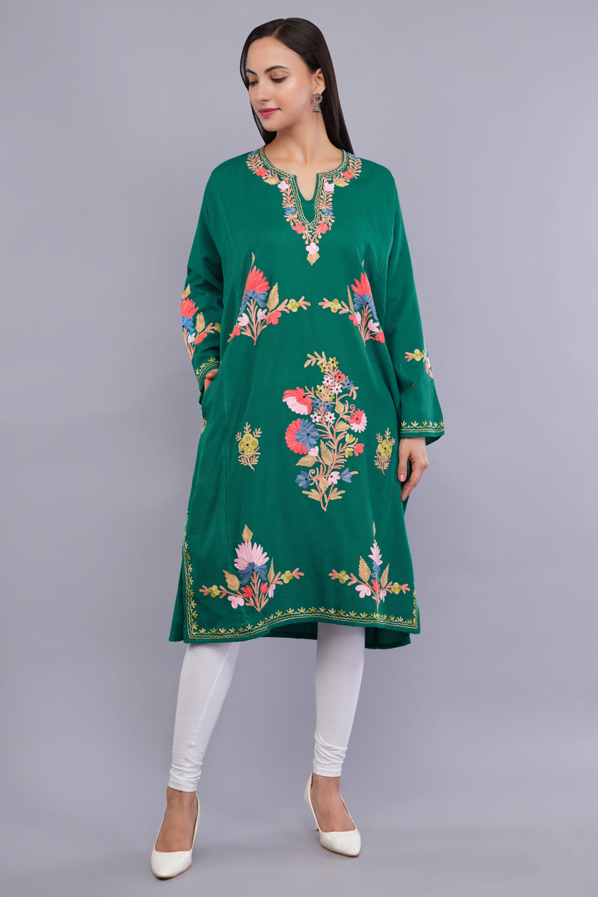 Teal Green Pheran with Classic Aari Embroidery and Elegant Sleeve Detailing