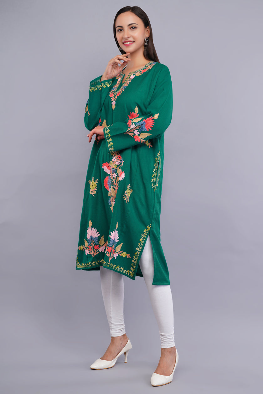 Teal Green Pheran with Classic Aari Embroidery and Elegant Sleeve Detailing