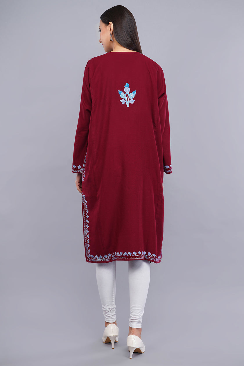 Maroon Fine Cashmilon Pheran with Blue Floral Aari Embroidery