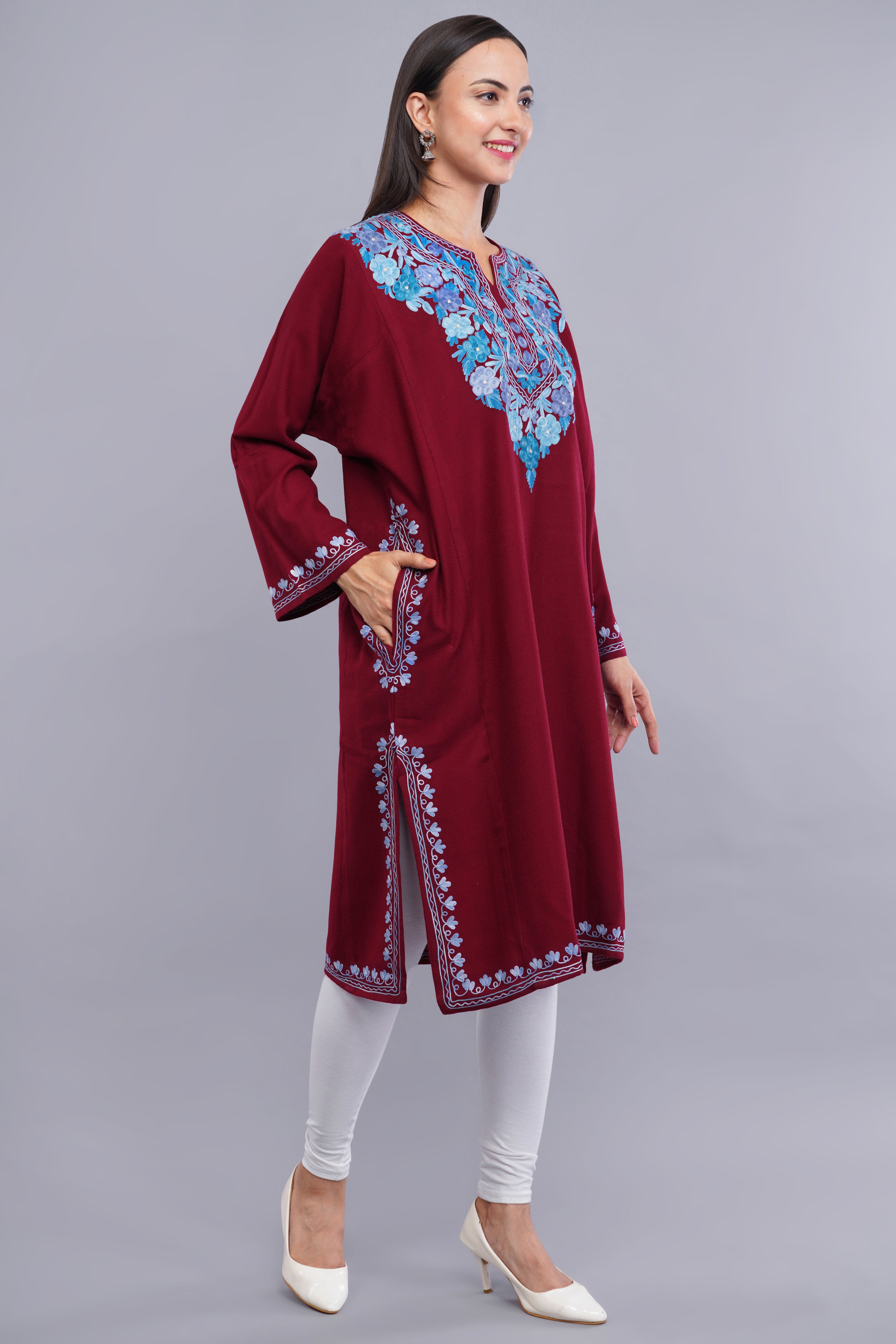 Maroon Fine Cashmilon Pheran with Blue Floral Aari Embroidery