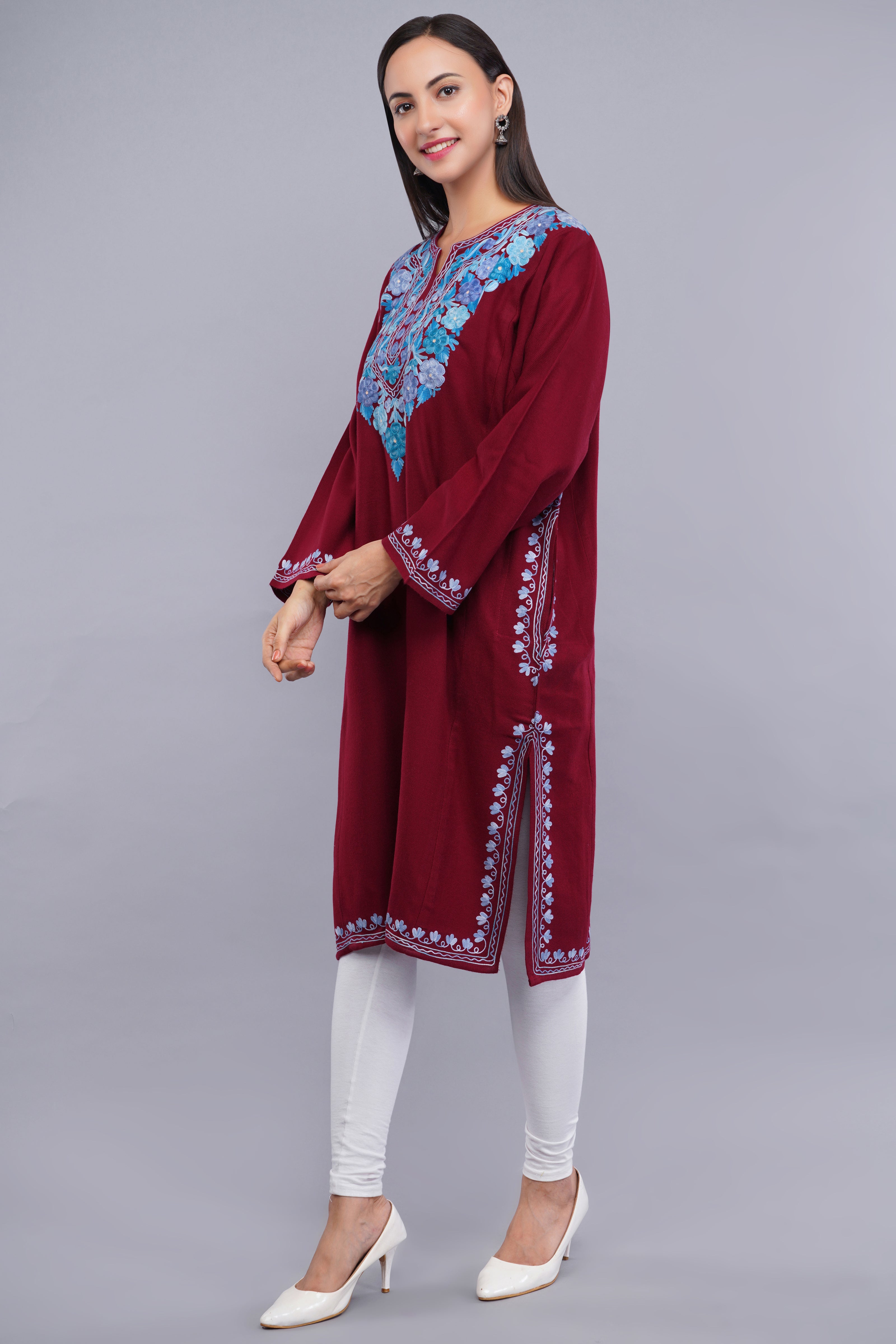 Maroon Fine Cashmilon Pheran with Blue Floral Aari Embroidery