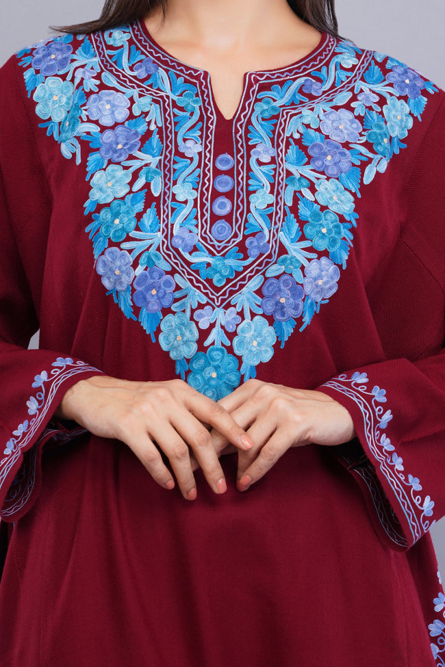 Maroon Fine Cashmilon Pheran with Blue Floral Aari Embroidery