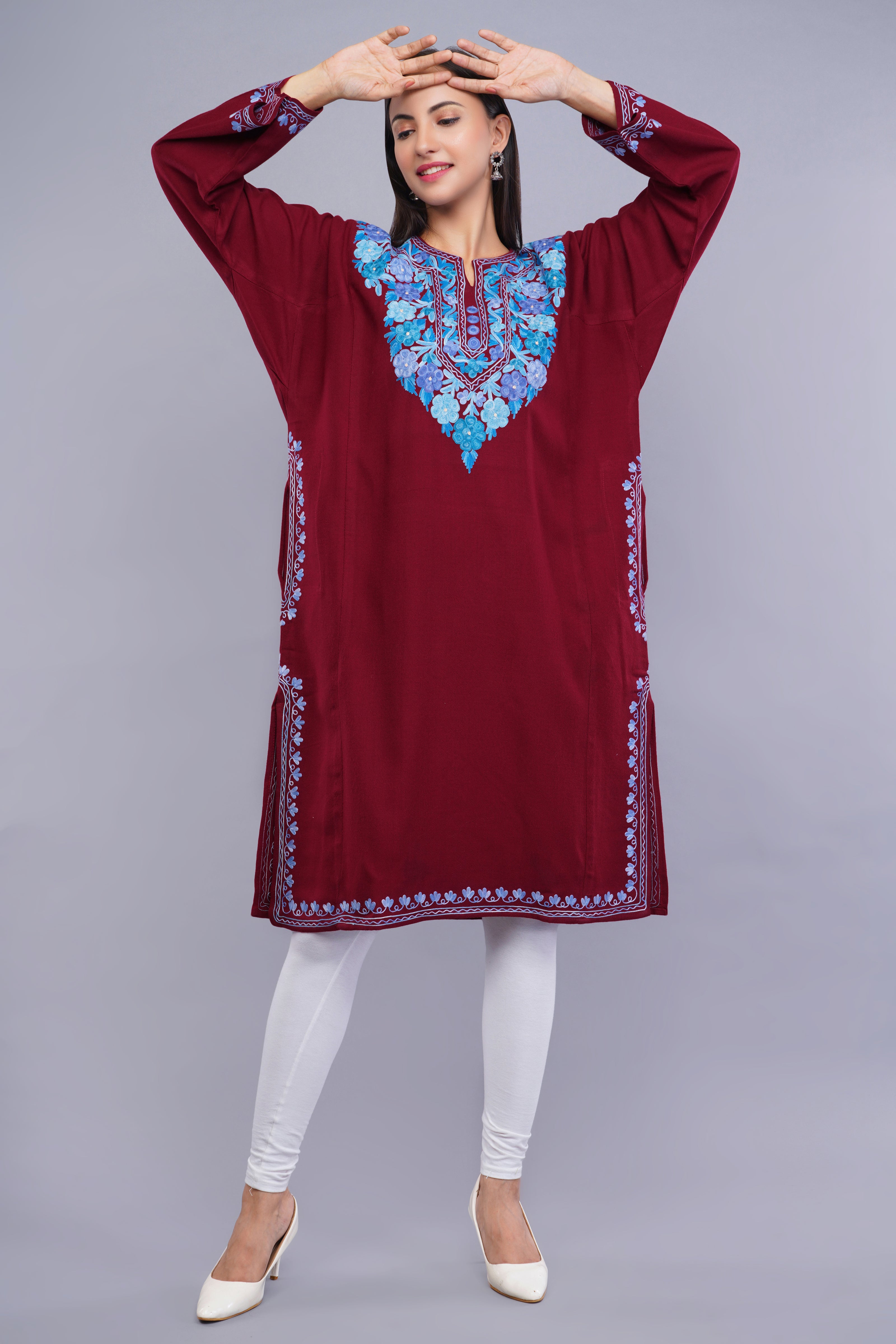 Maroon Fine Cashmilon Pheran with Blue Floral Aari Embroidery