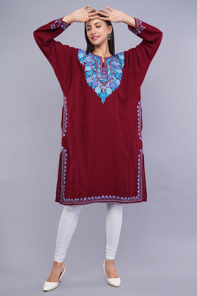 Maroon Fine Cashmilon Pheran with Blue Floral Aari Embroidery