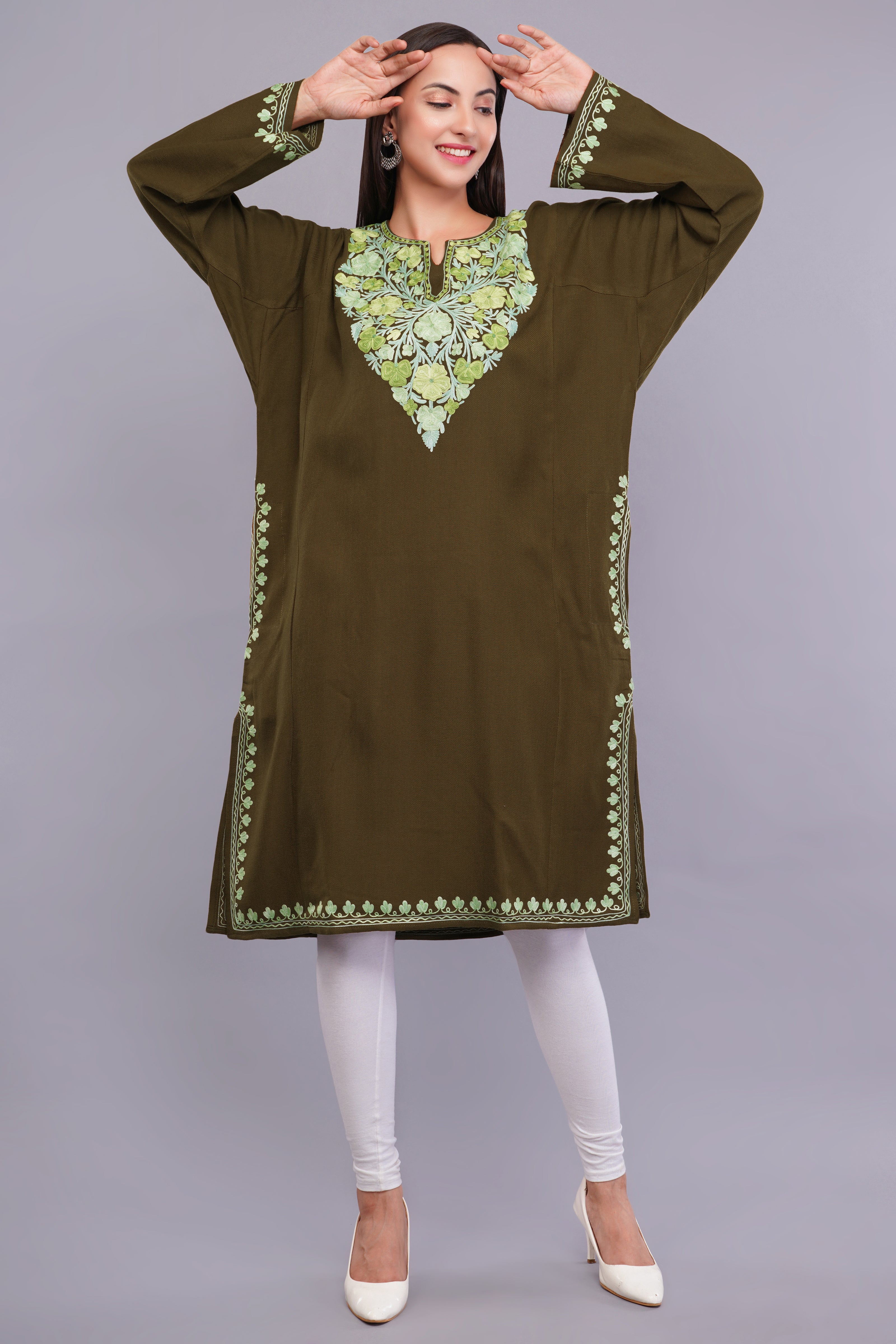 Brown Tumbleweed Pheran with Light Olive and Telish Green Aari Embroidery