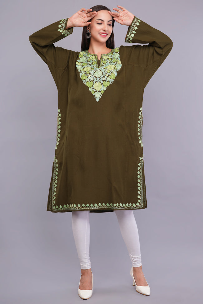 Brown Tumbleweed Pheran with Light Olive and Telish Green Aari Embroidery