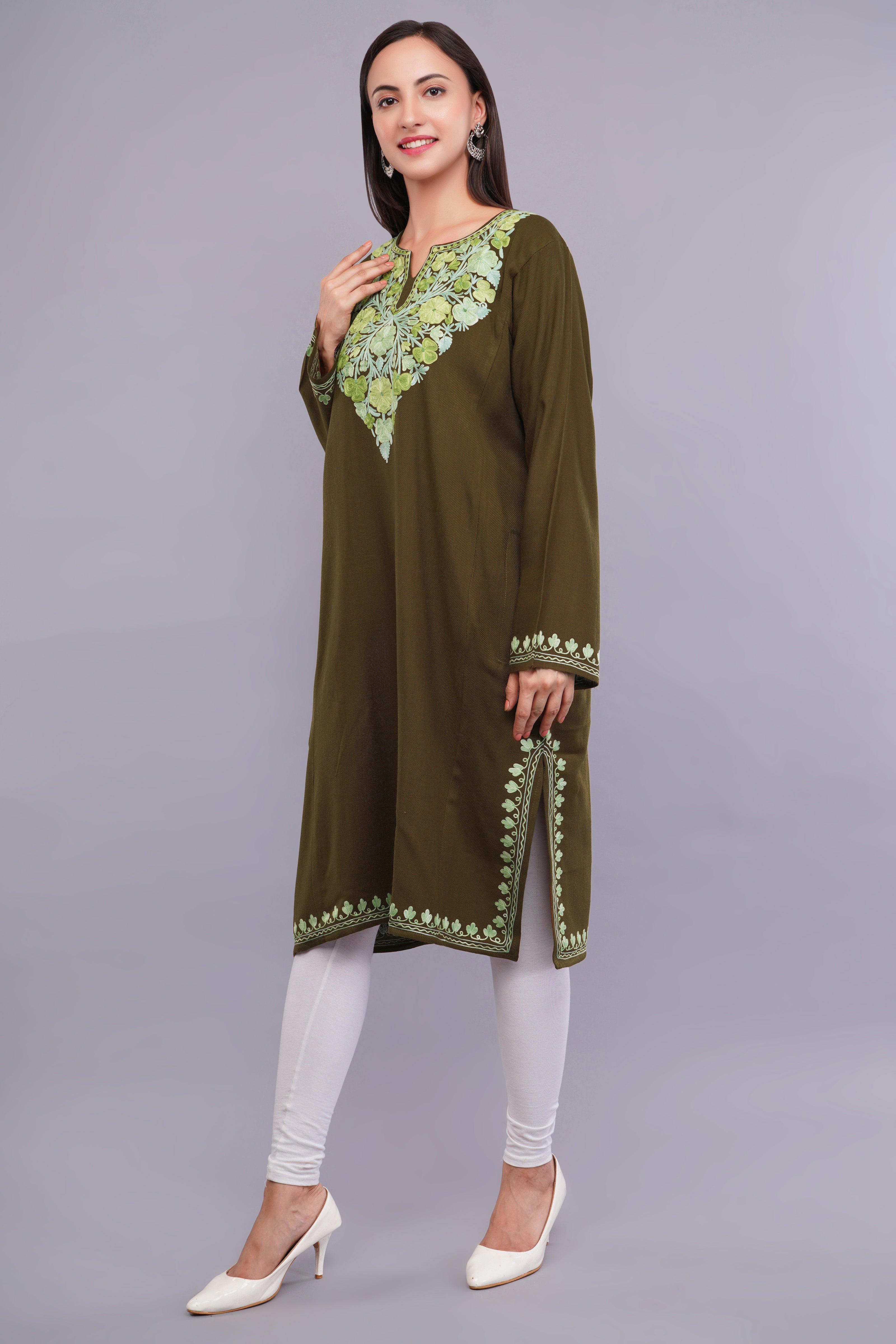 Brown Tumbleweed Pheran with Light Olive and Telish Green Aari Embroidery