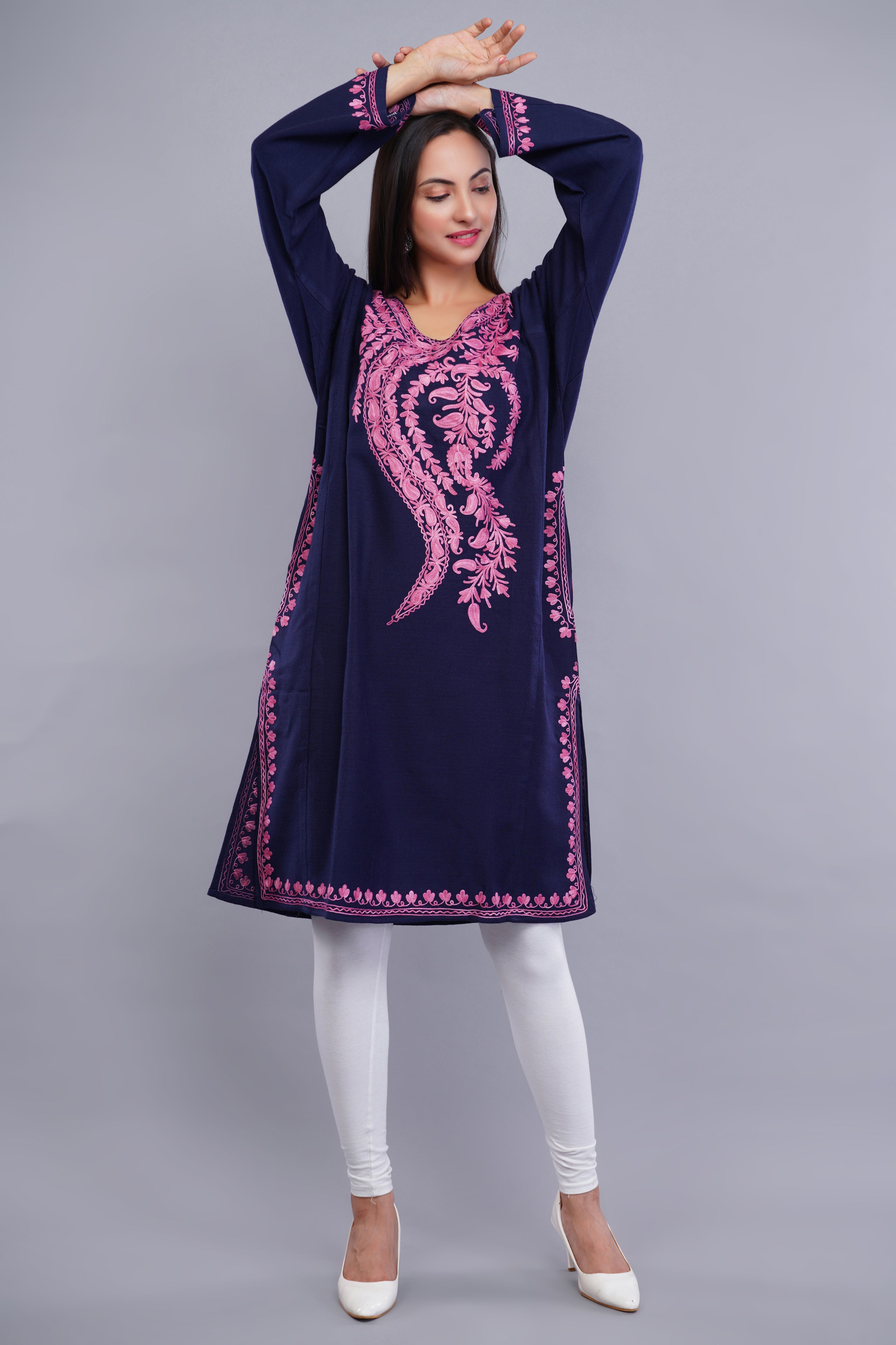 Royal Blue Kashmiri Pheran with Pink Aari Embroidery and Large Paisley Floral Design
