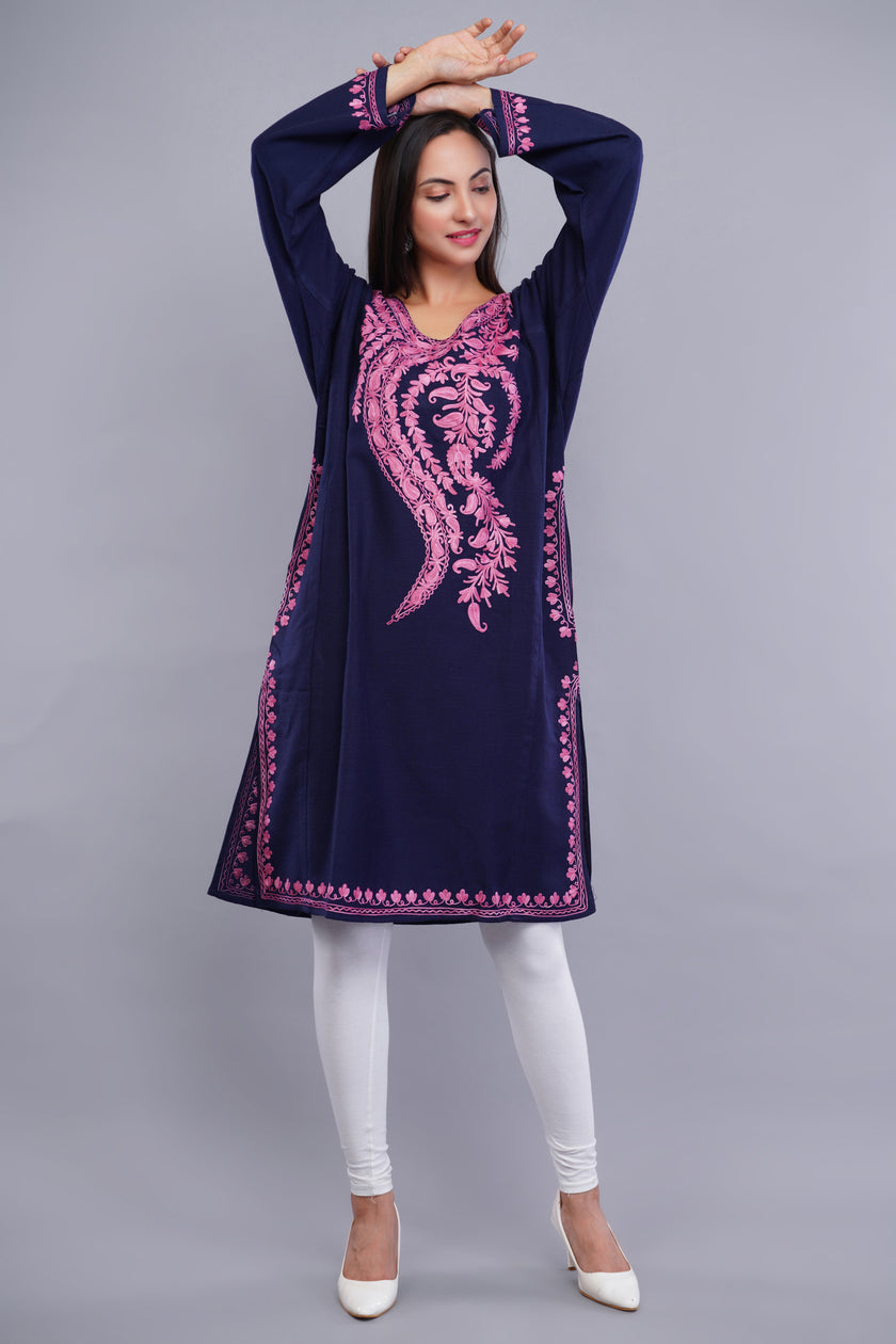 Royal Blue Kashmiri Pheran with Pink Aari Embroidery and Large Paisley Floral Design