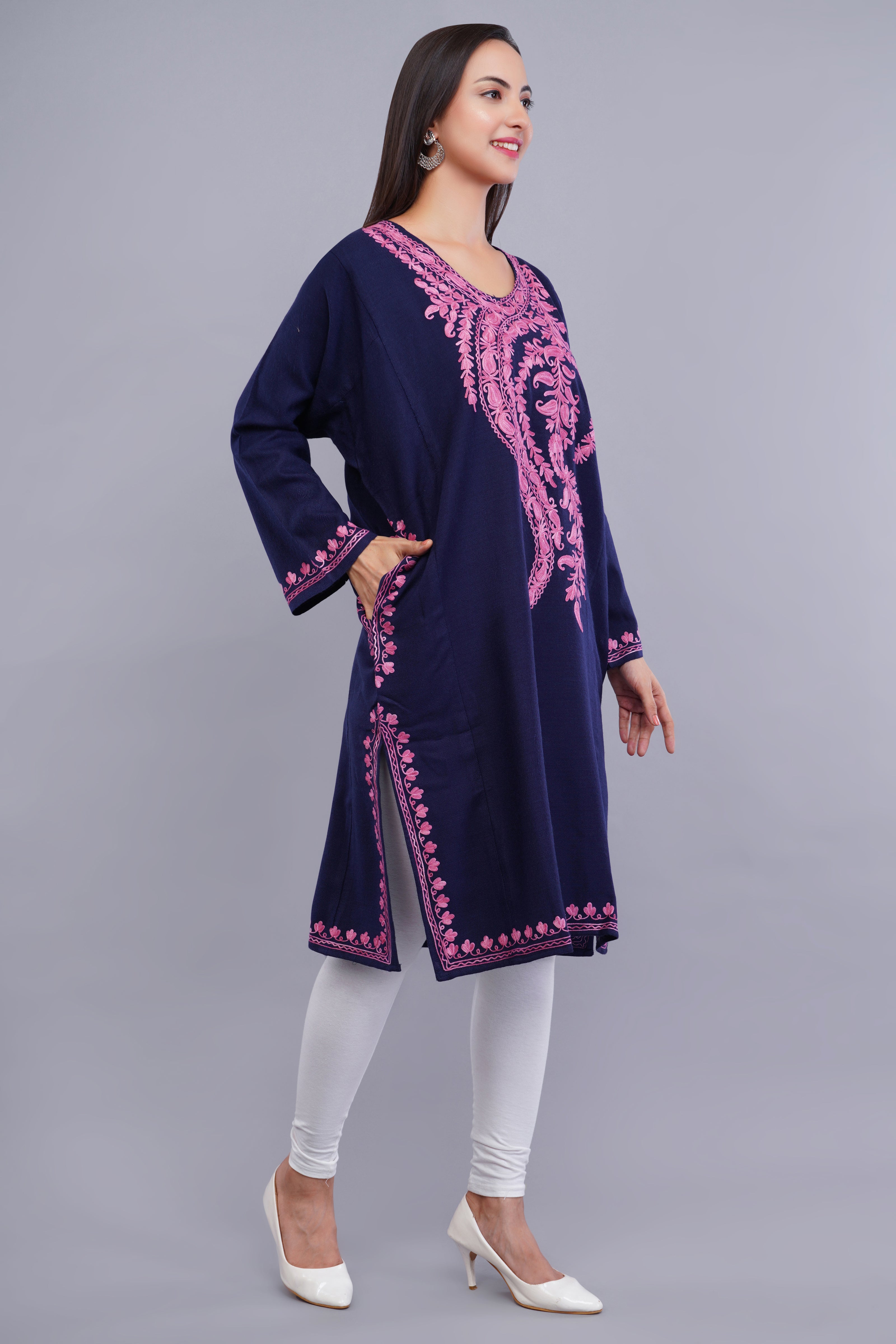 Royal Blue Kashmiri Pheran with Pink Aari Embroidery and Large Paisley Floral Design