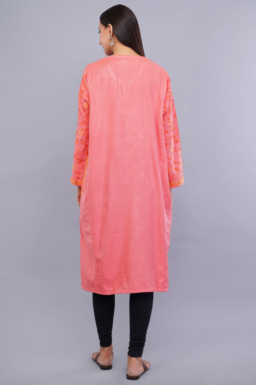 Sweet Pink Kashmiri Pheran with All-Over Jamawar Aari Embroidery