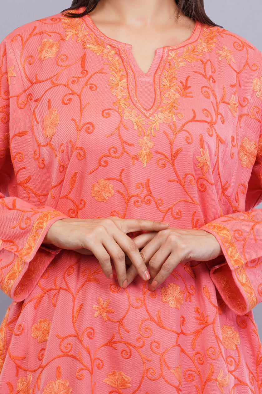 Sweet Pink Kashmiri Pheran with All-Over Jamawar Aari Embroidery