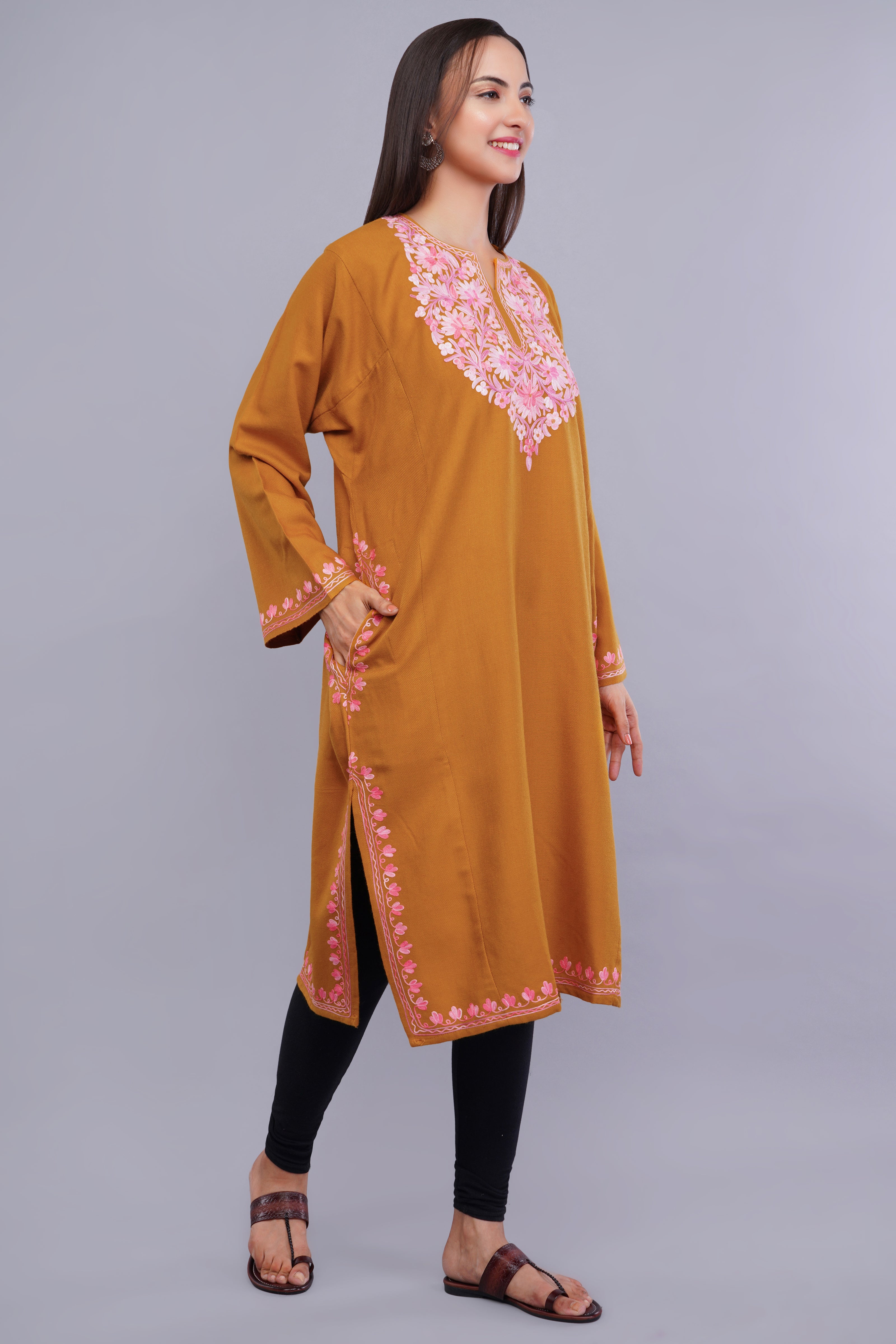 Saffron Blaze Kashmiri Pheran with Light Pink Aari Embroidery