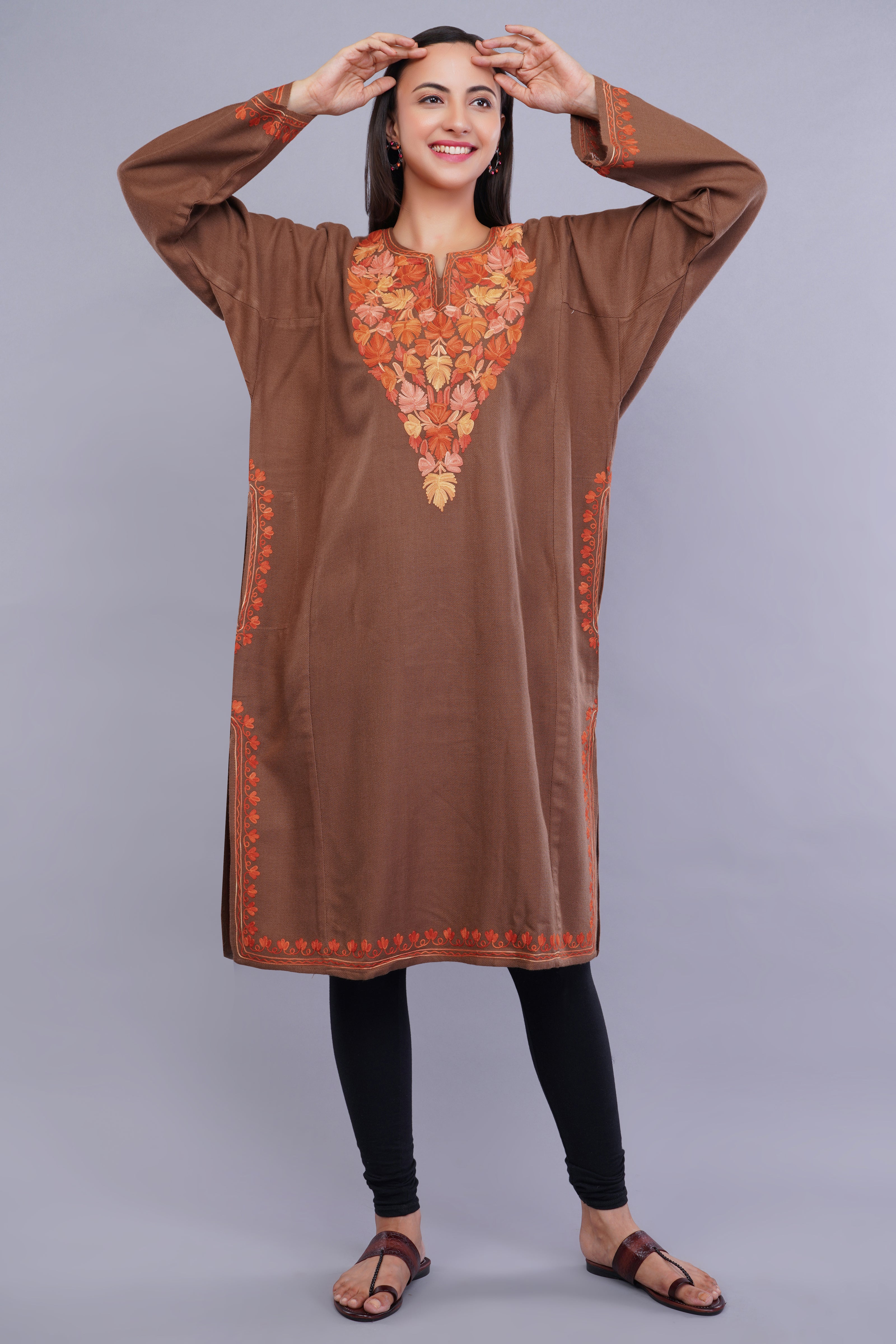 Burnt Copper Kashmiri Pheran with Aari Embroidery
