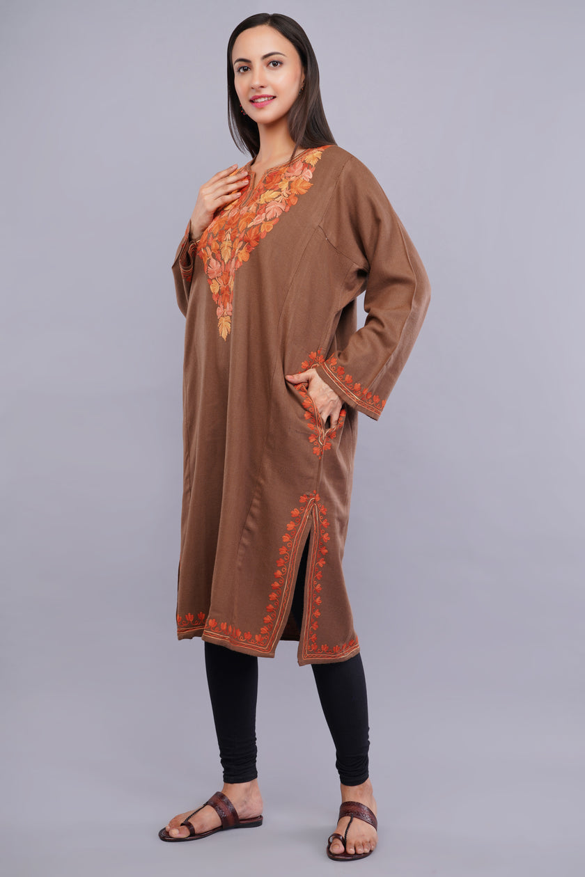 Burnt Copper Kashmiri Pheran with Aari Embroidery