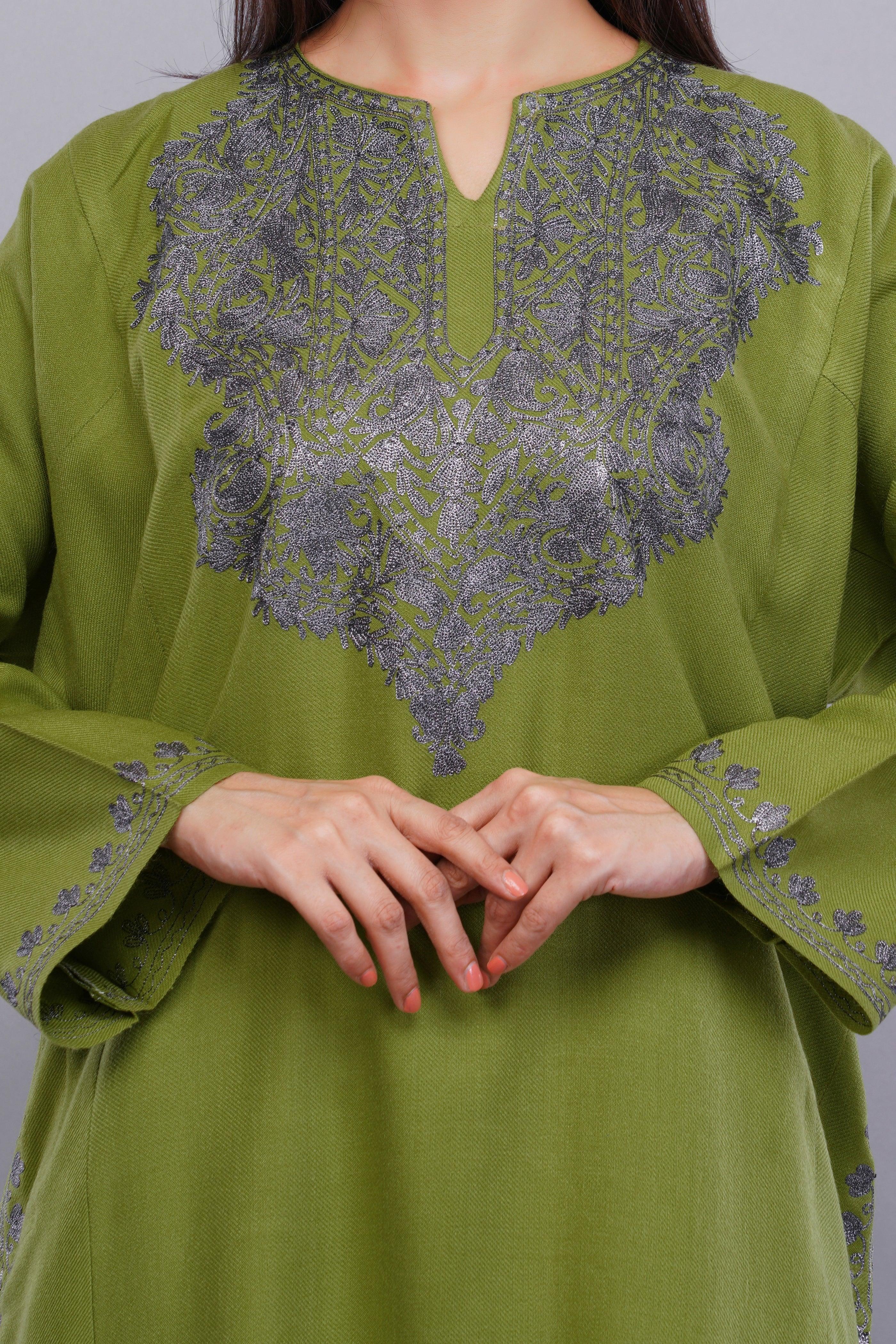 Elegant Green Cashmilon Pheran with Kashmiri Zari Embroidery