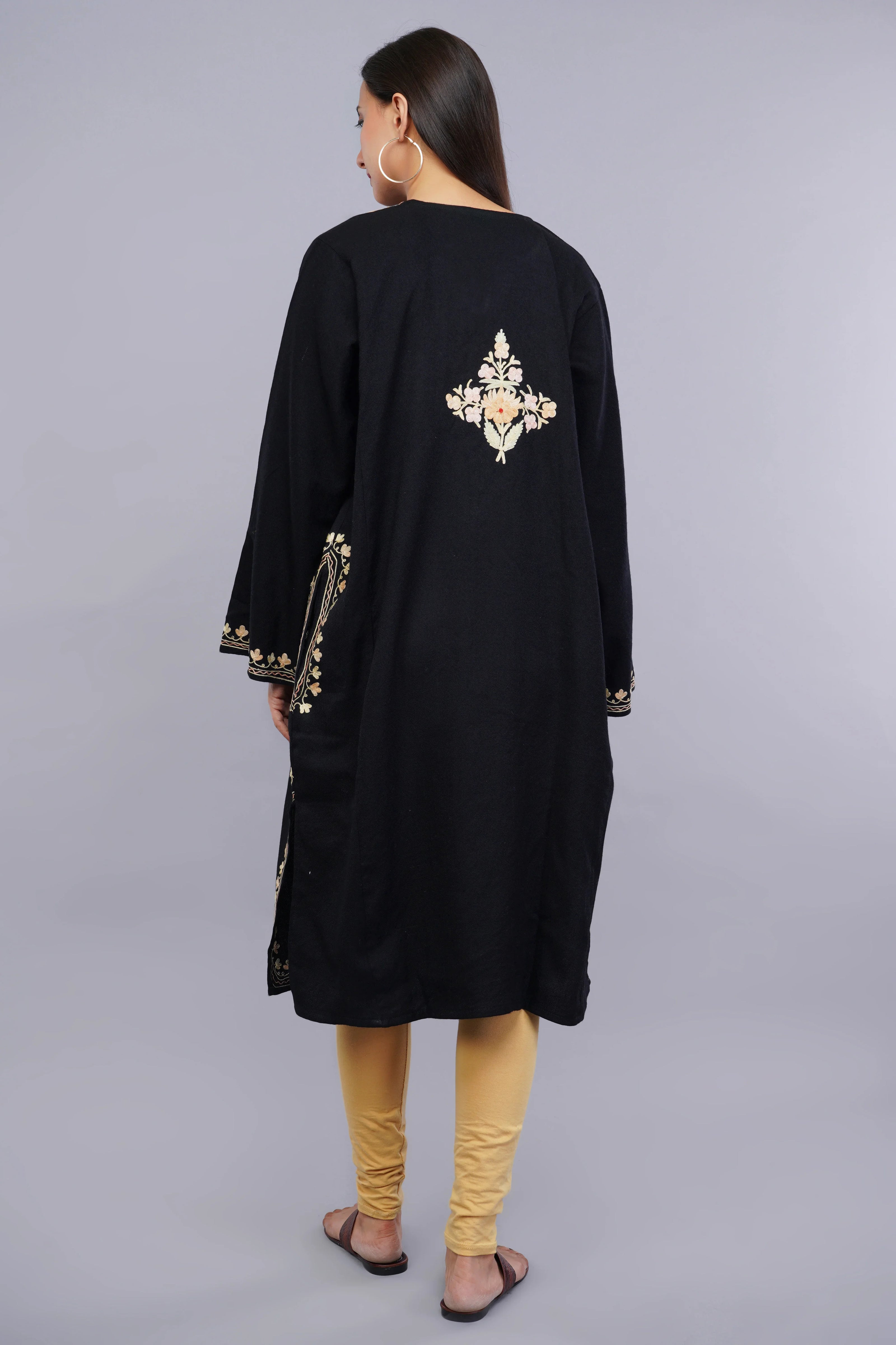 Black Pheran with Kashmiri Aari Embroidery and Floral Borders
