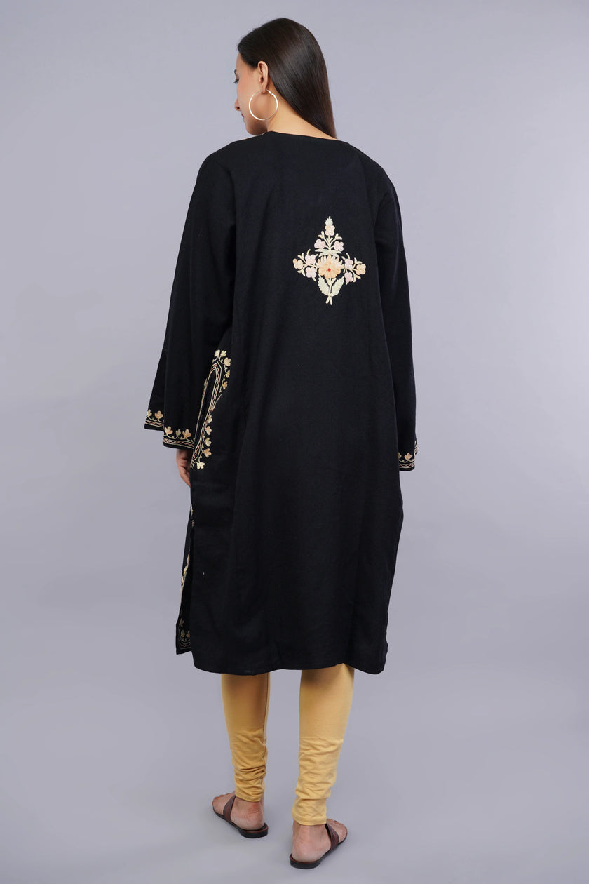Black Pheran with Kashmiri Aari Embroidery and Floral Borders