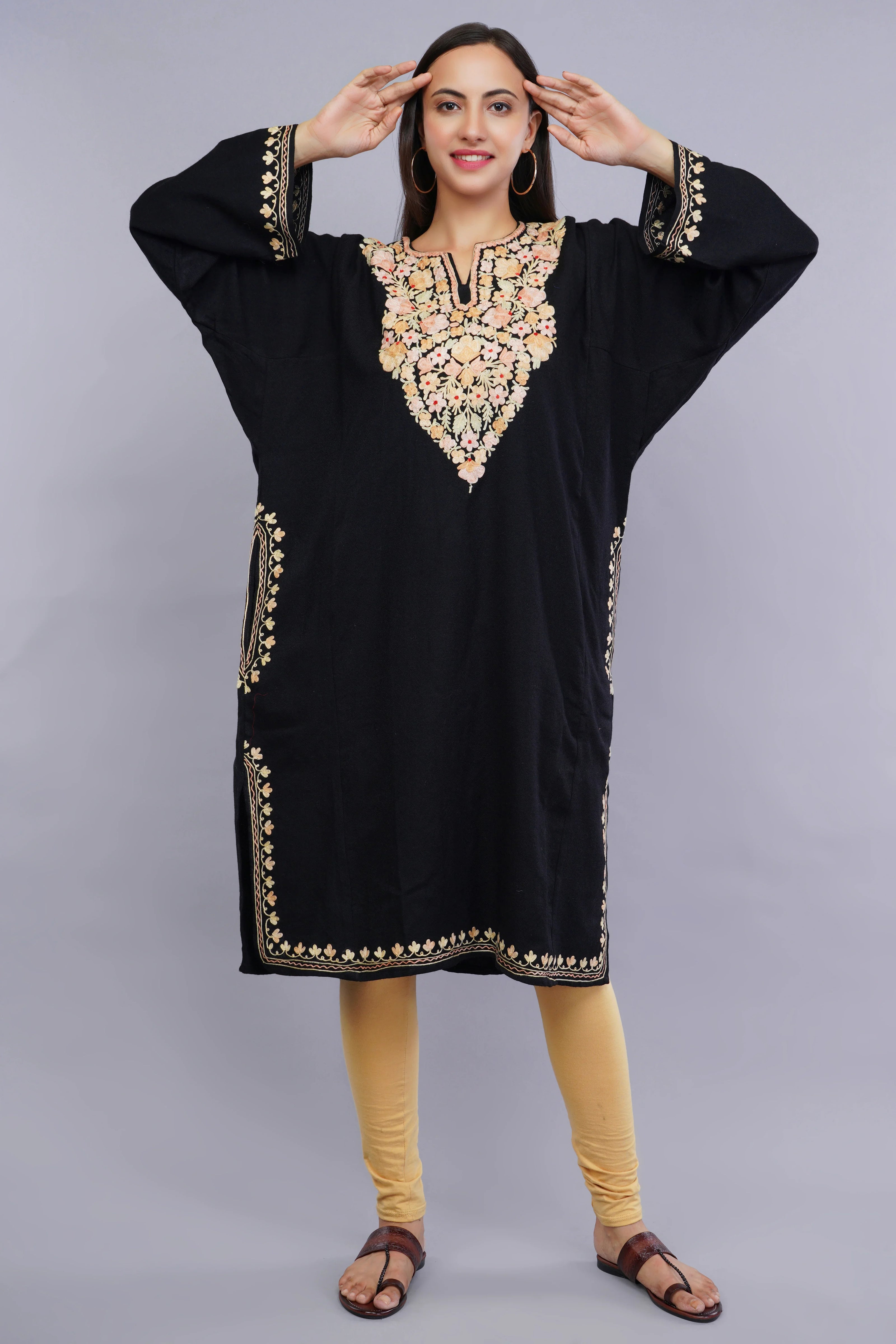 Black Pheran with Kashmiri Aari Embroidery and Floral Borders