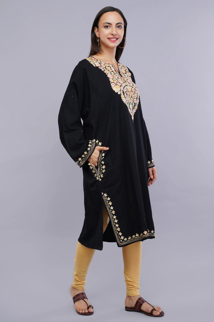 Black Pheran with Kashmiri Aari Embroidery and Floral Borders