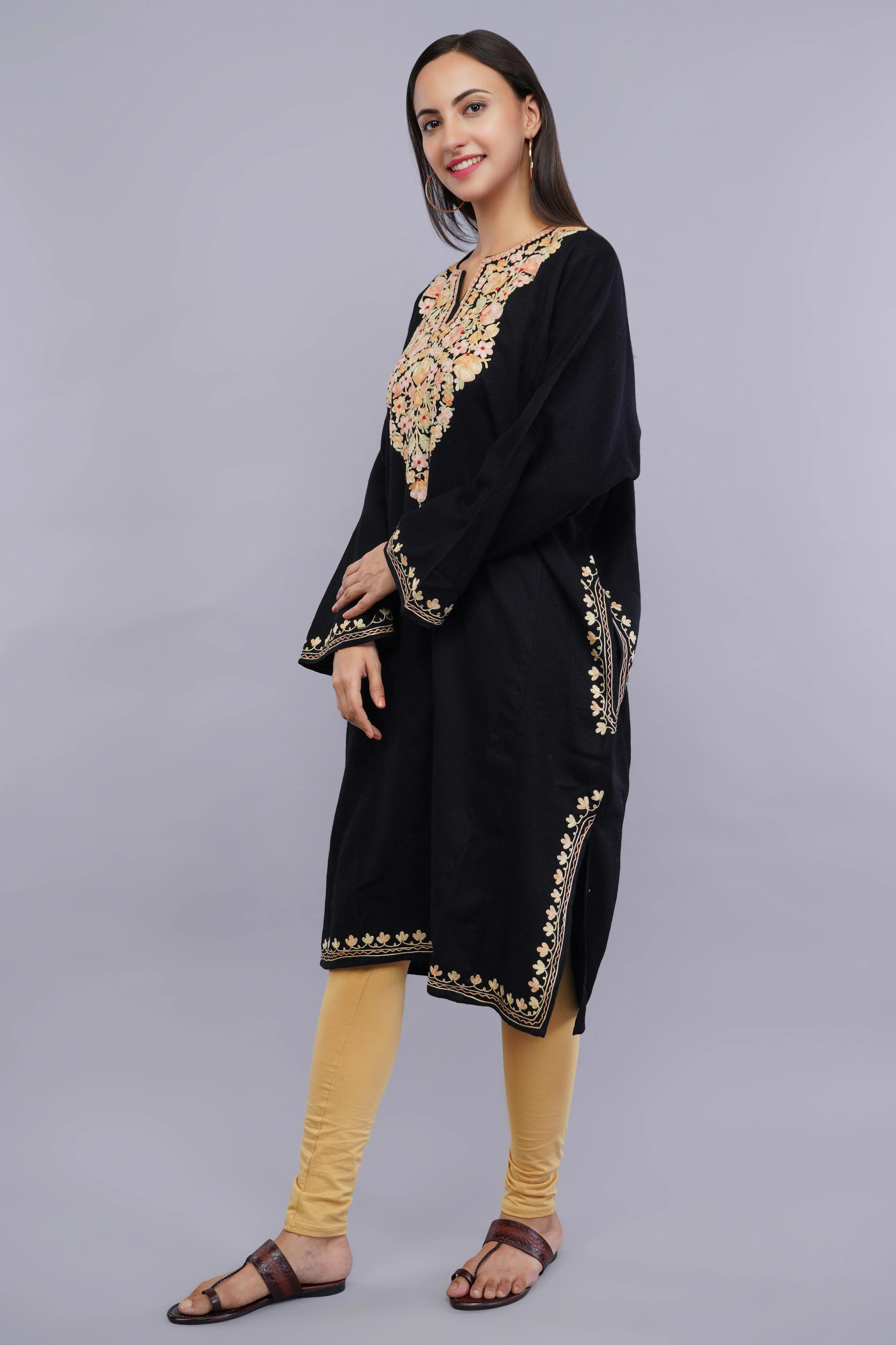 Black Pheran with Kashmiri Aari Embroidery and Floral Borders