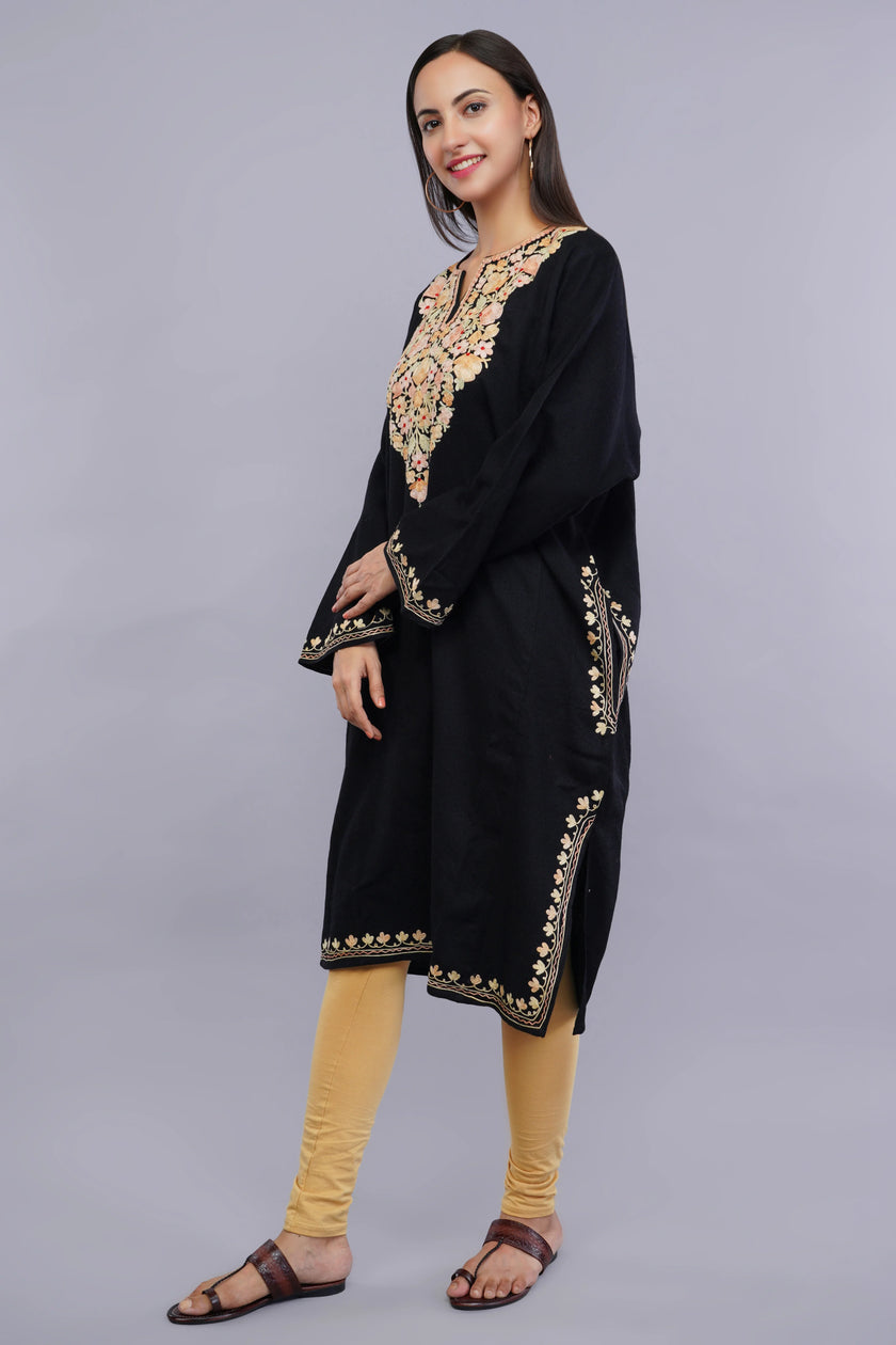 Black Pheran with Kashmiri Aari Embroidery and Floral Borders