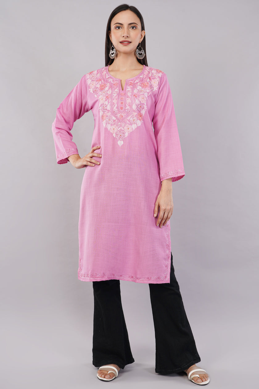Blush Petal Kashmiri Kurta with Rosy Aari Embroidery