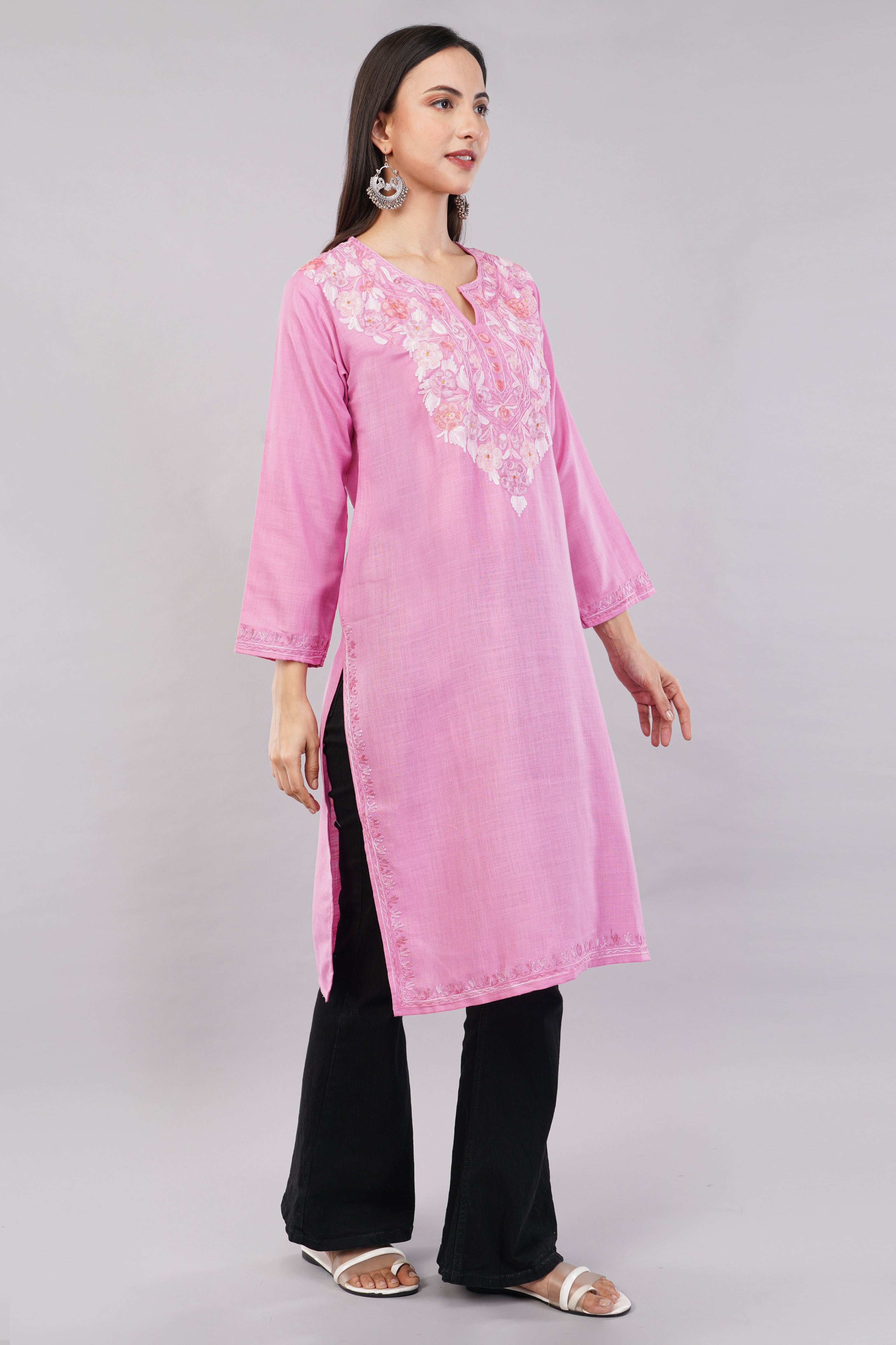 Blush Petal Kashmiri Kurta with Rosy Aari Embroidery