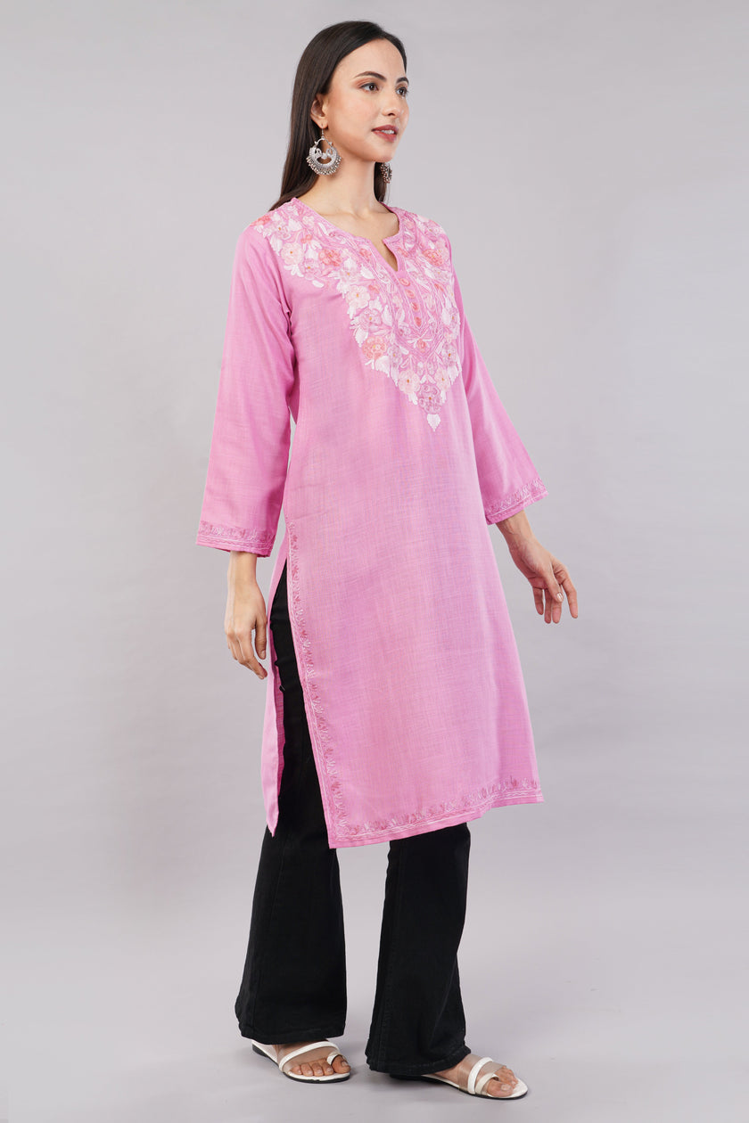 Blush Petal Kashmiri Kurta with Rosy Aari Embroidery